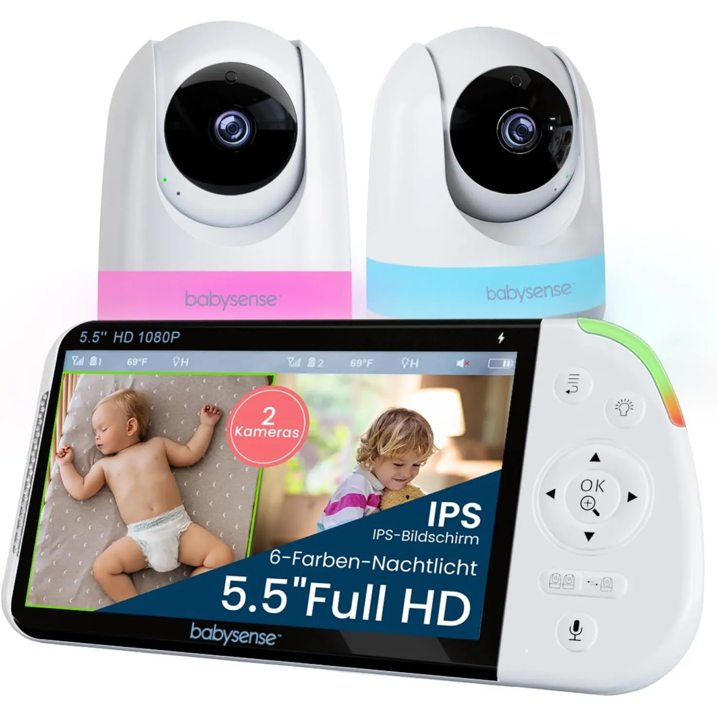 Babysense Full HD Split-Screen-Babyphone mit 2 Kameras, Nachtlicht in 6 Farben, Geräusch- & Lichtmaschine, 20-Stunden-A…