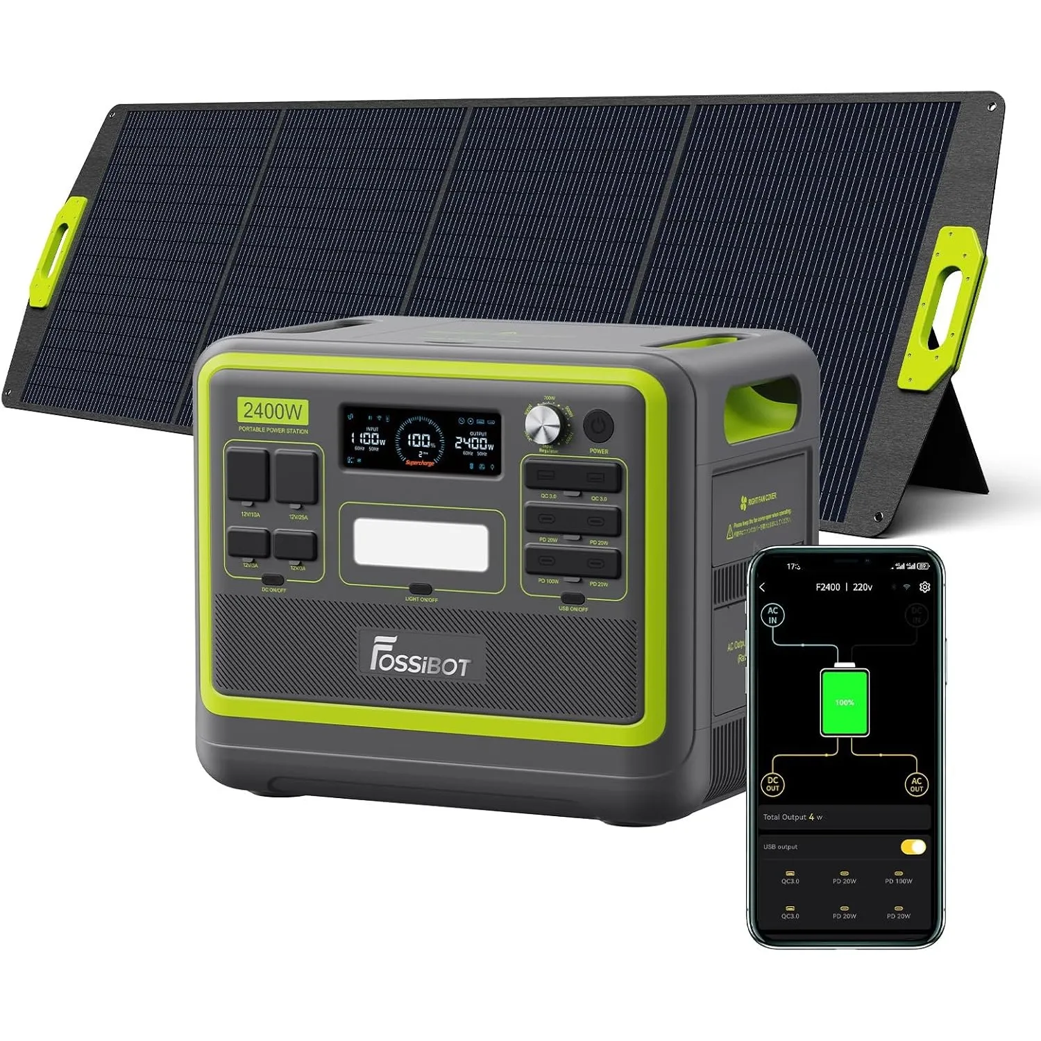 FOSSiBOT F2400 Powerstation mit 200W Solarpanel faltbar, Solargenerator 2048Wh LiFePO4 Batterie 230V 2400W 3AC Ausgänge…