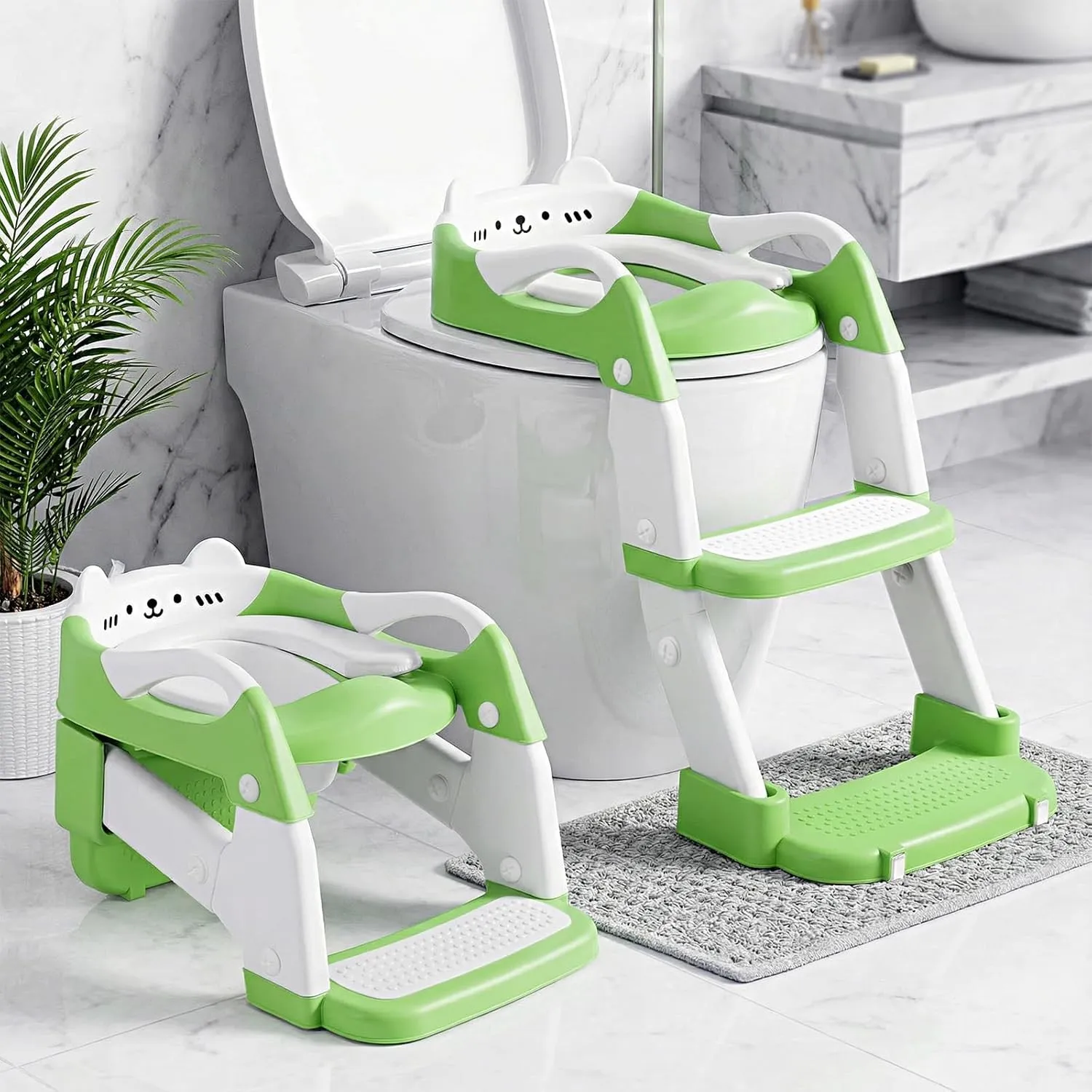 Toilettensitz Kinder mit Treppe, 2 in 1 Stabil Töpfchen für Kinder, Bär | Verlängerter Pedal- und Spritzschutz, Weich P…