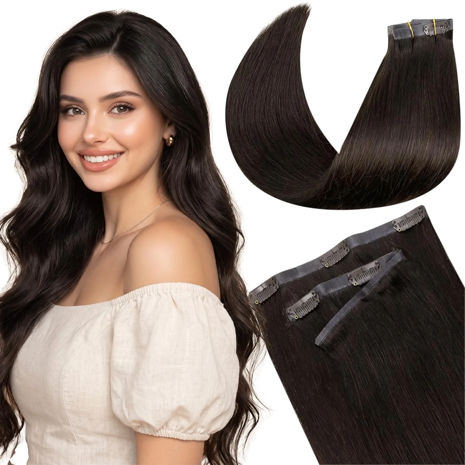 LaaVoo Seamless Clip in Extensions Echthaar Braun 50cm Extensions Clip Echthaar Dunkelbraun Clip in Extensions Glatt 7P…