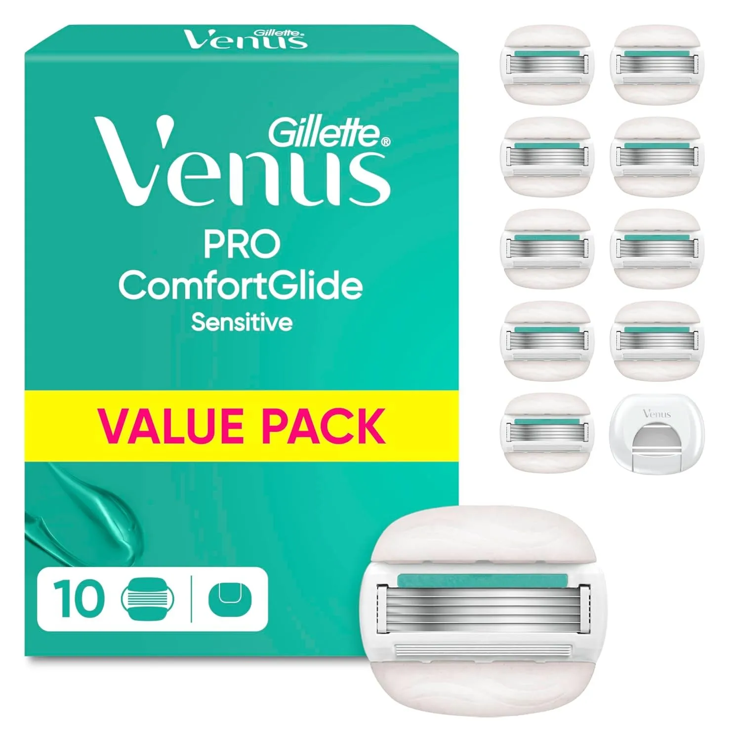 Gillette Venus Pro Comfortglide Sensitive, 10 Original Rasierklingen, Grün