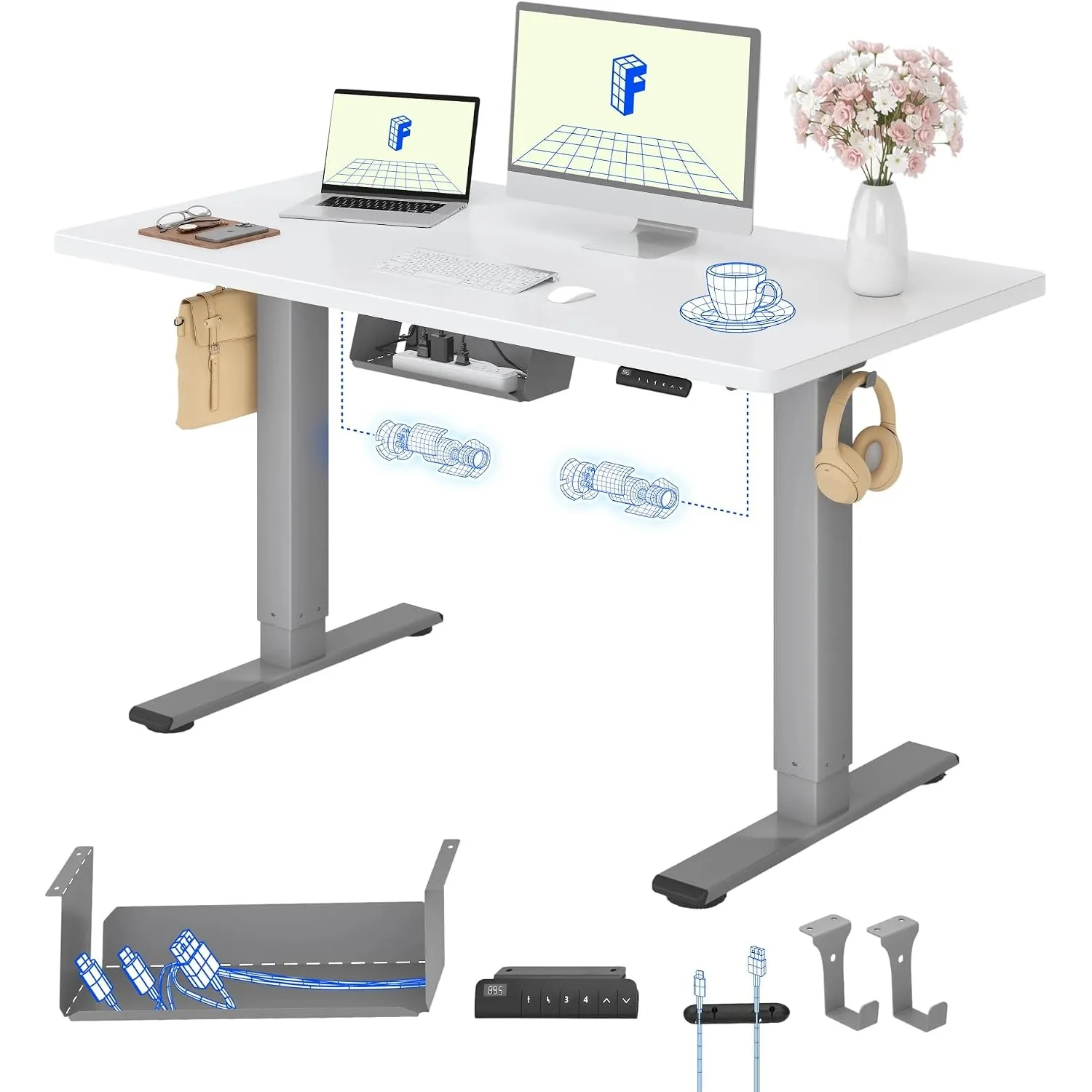 FLEXISPOT Höhenverstellbarer Schreibtisch elektrisch, Doppelmotor 120x60 cm