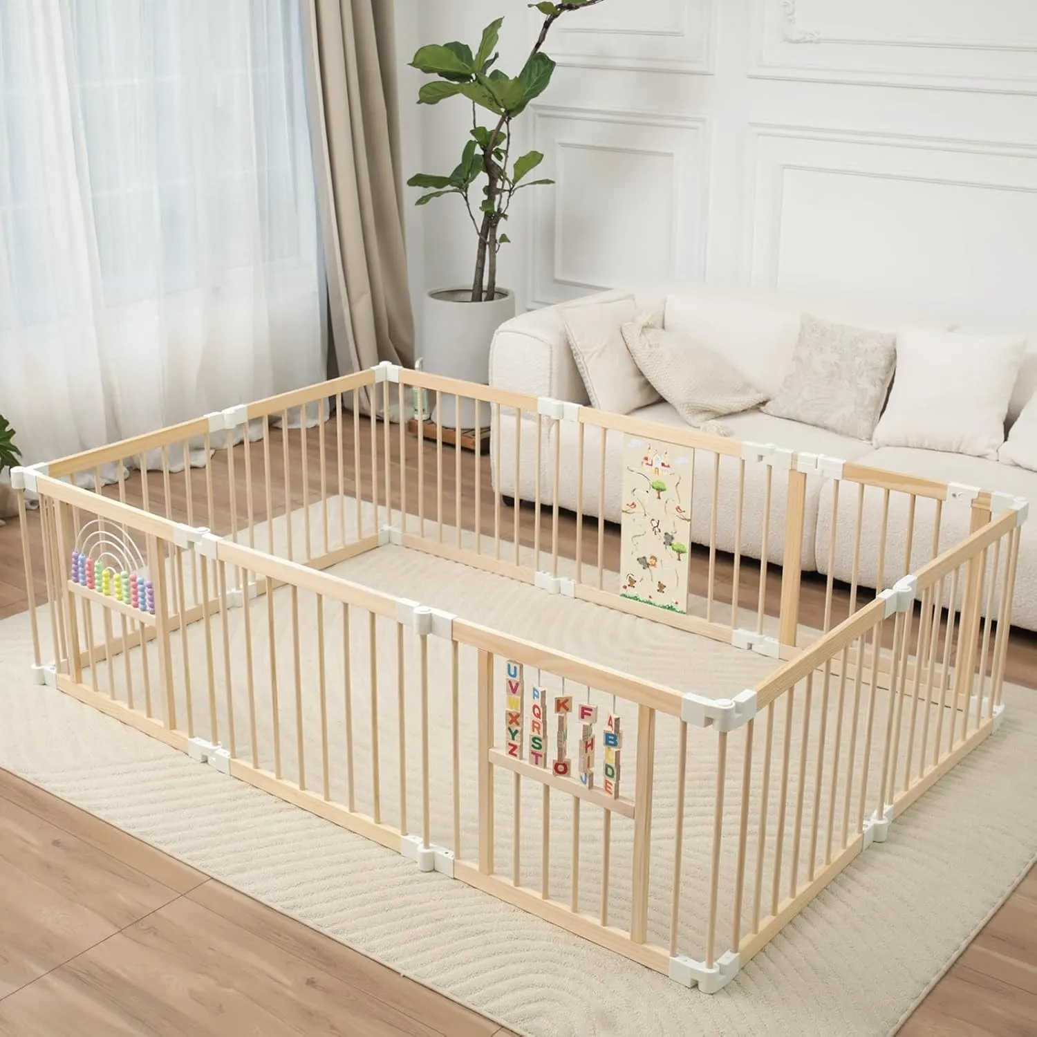 Baby Laufstall,Sicherer＆Stabiler Großes Faltbares Babys Laufgitter, Holz Laufstall, nachhaltiger Laufstall Fröhliche Kr…