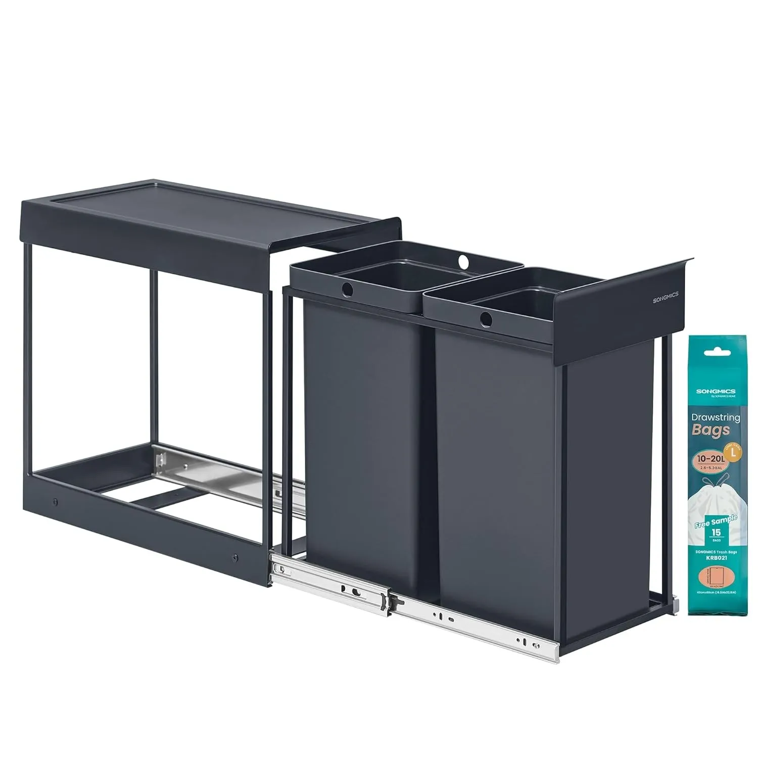 SONGMICS Mülleimer küche, Mülltrennsystem für Unterschrank, 2 x 15 L, Abfalleimer 2 Fächer, ausziehbar, Stahlrahmen, AB…