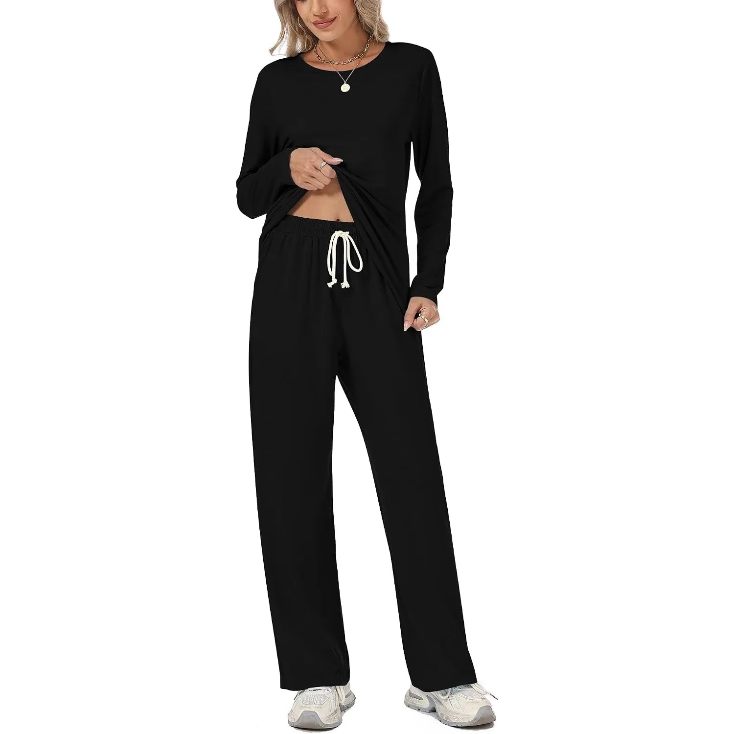Rapbin Schlafanzug Damen Lang Pyjama Set Nachtwäsche Loungewear mit Taschen