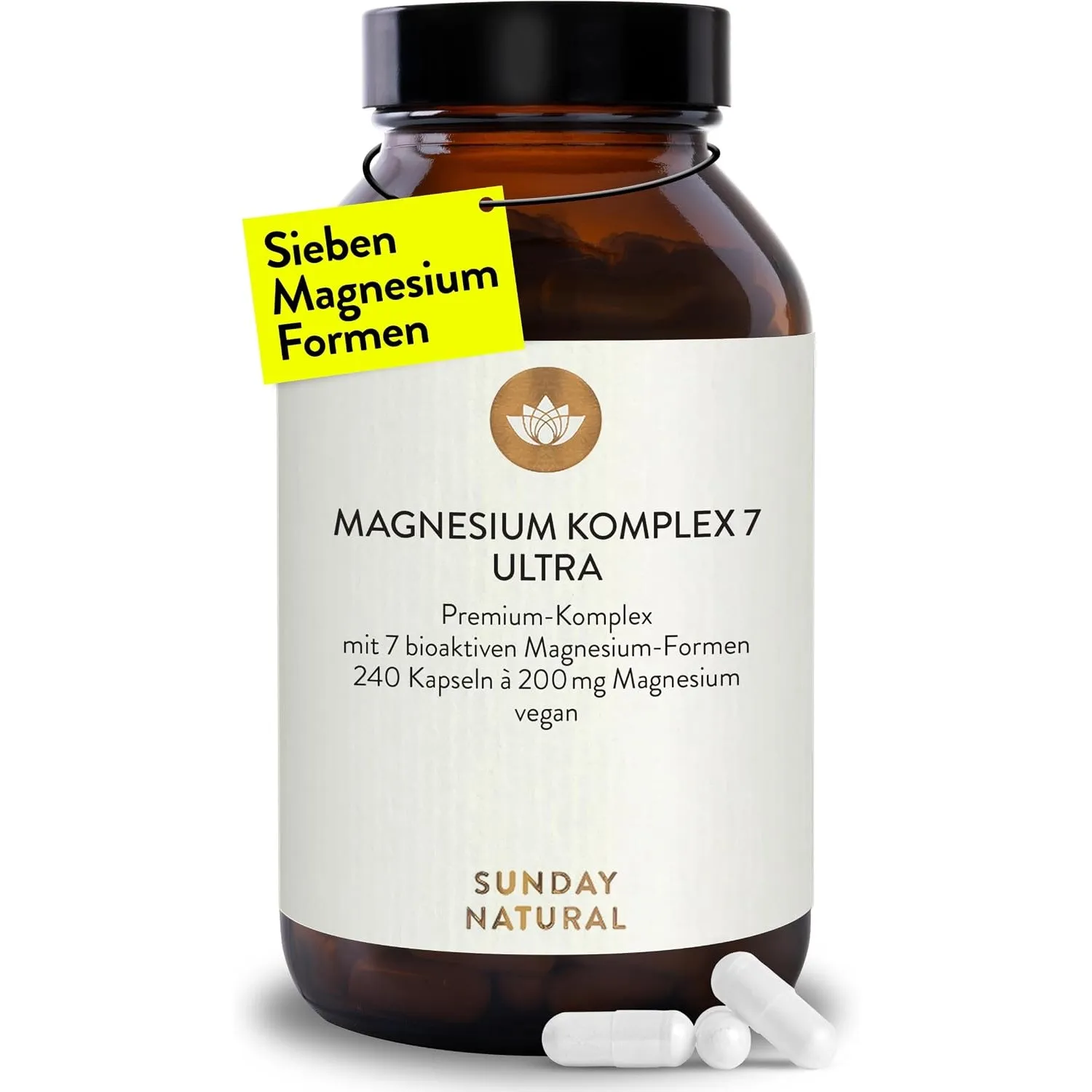 SUNDAY NATURAL® Magnesium Komplex – 240 Kapseln - 400mg pro Tag - aus 7 Verbindungen: Magnesium Bisglycinat, Citrat, Ma…