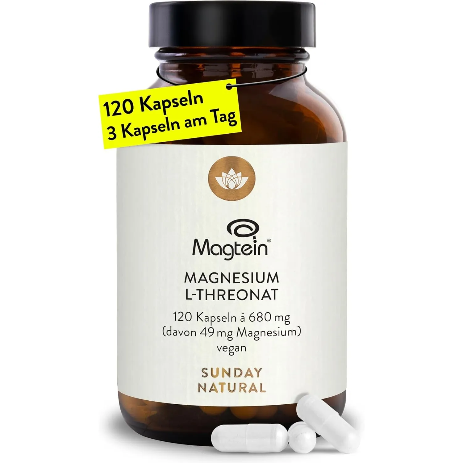 SUNDAY NATURAL® Magnesium Threonate - Markenrohstoff Magtein® –120 Kapseln L-Threonat – 2.040mg Magnesium L-Threonate p…