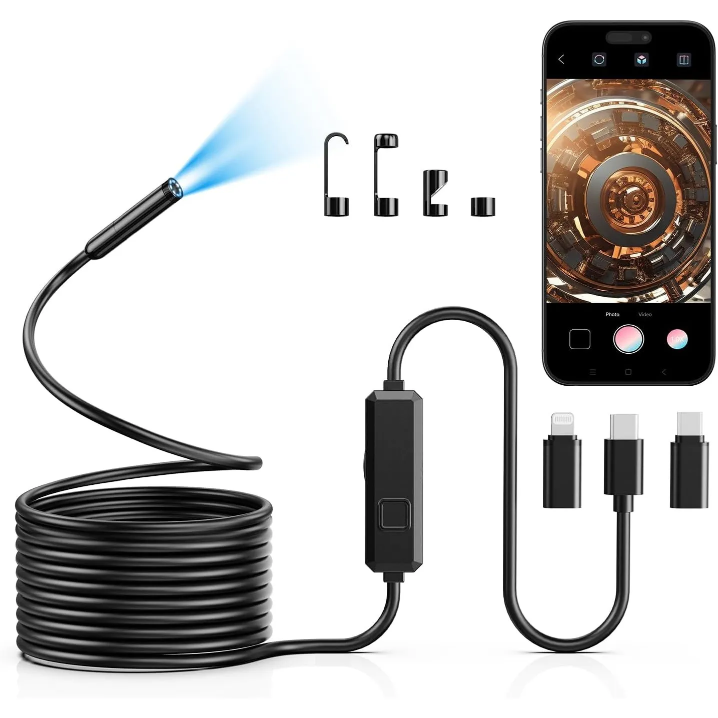Endoskopkamera mit Licht, 1920P HD Endoskopkamera Handy mit 8 LED-Leuchten, 5M semi-steife Rohrkamera Inspektionskamera…