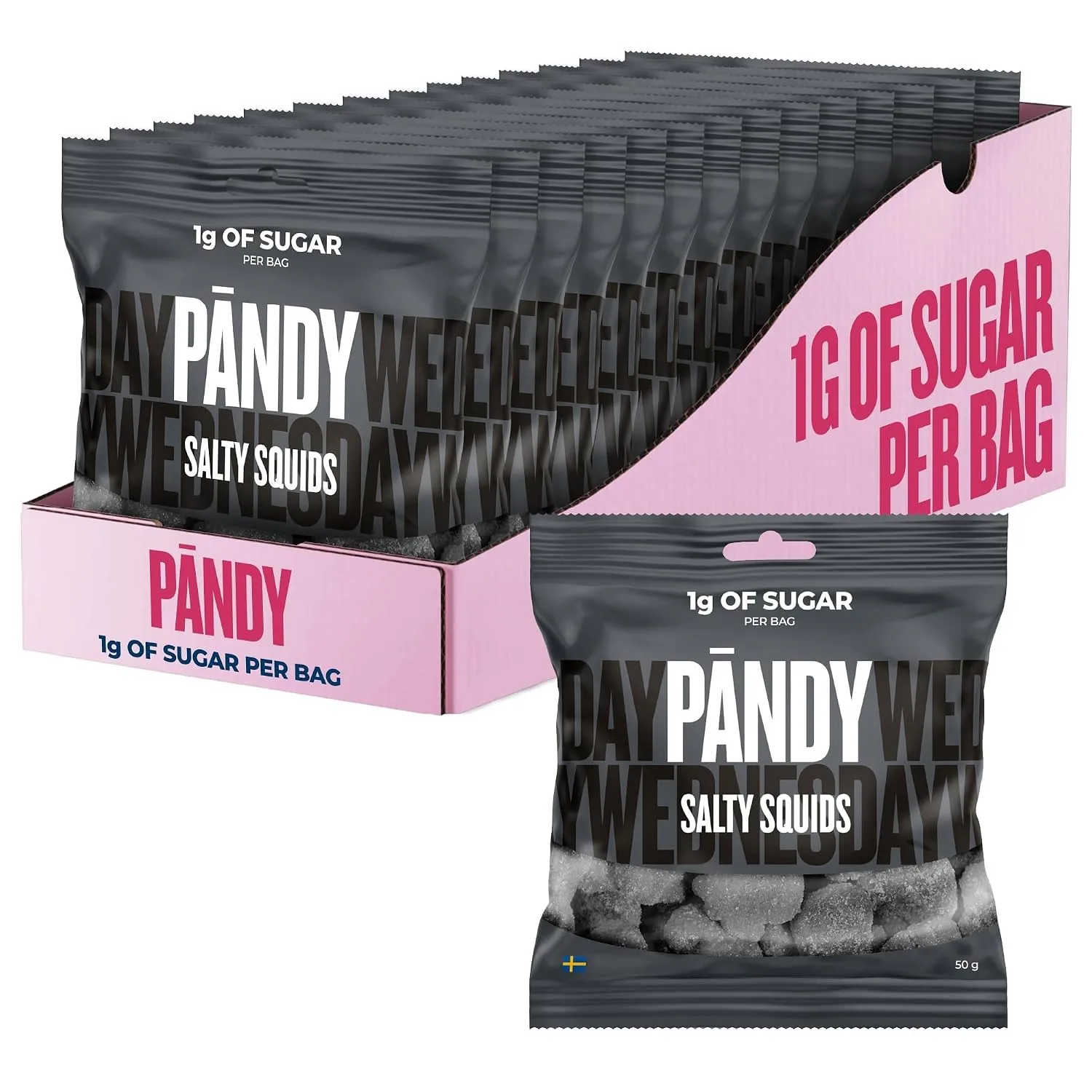 Pändy Süßigkeiten Salzlakritz-Tintenfische, unter 1g Zucker, 14x 50g | Weiche Schaum-Lakritz mit kräftig salziger Note.…