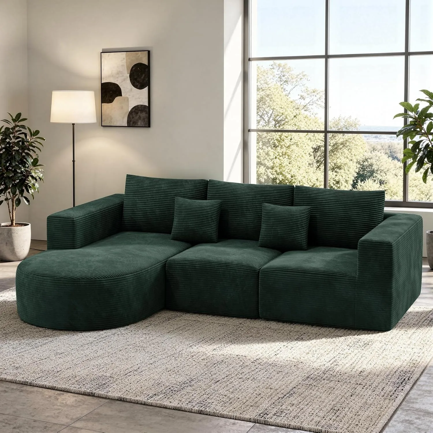 Hawthyhome Sofa mit Schlaffunktion rahmenloses Ecksofa L-Form Couch Installation-Free Cordstoff Ecksofa mit Links-Chais…