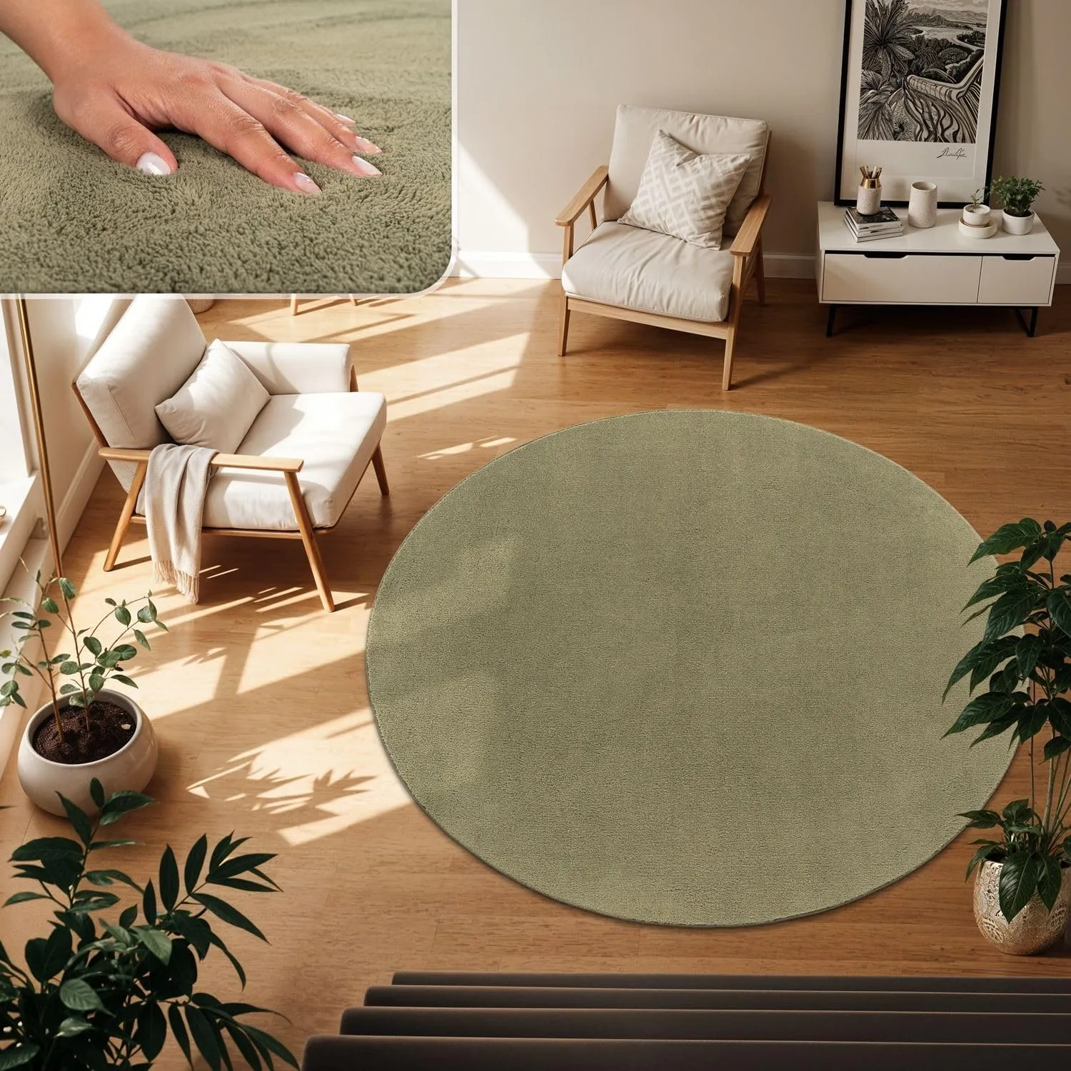 TT Home Wohnzimmer Teppich Kurzflor Anti-Rutsch Rückseite Unifarben Modern Waschbar, Größe:120 cm Rund, Farbe:Hellgrün