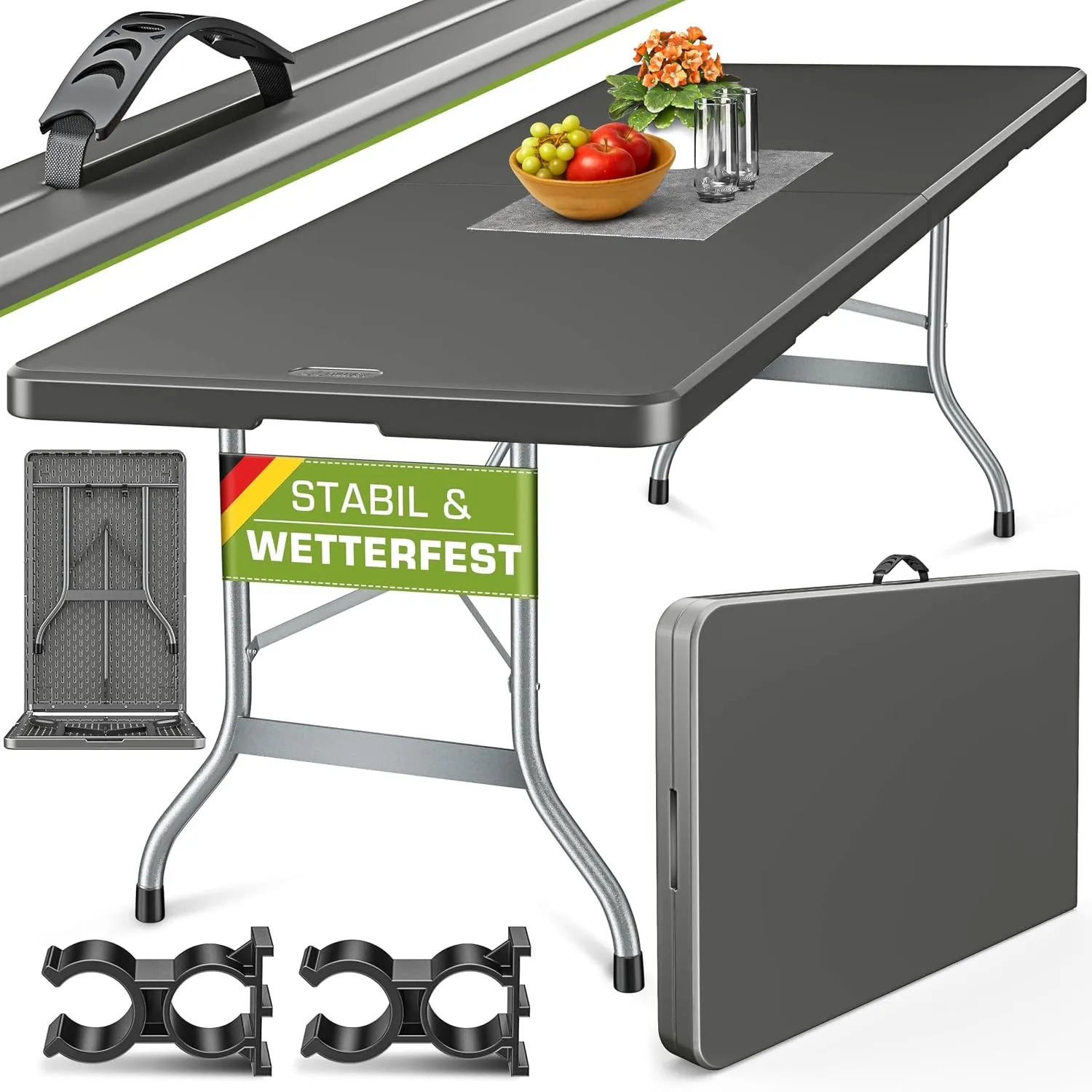 tillvex® Gartentisch klappbar Kunststoff 220x70cm Wetterfest + Tragegriff