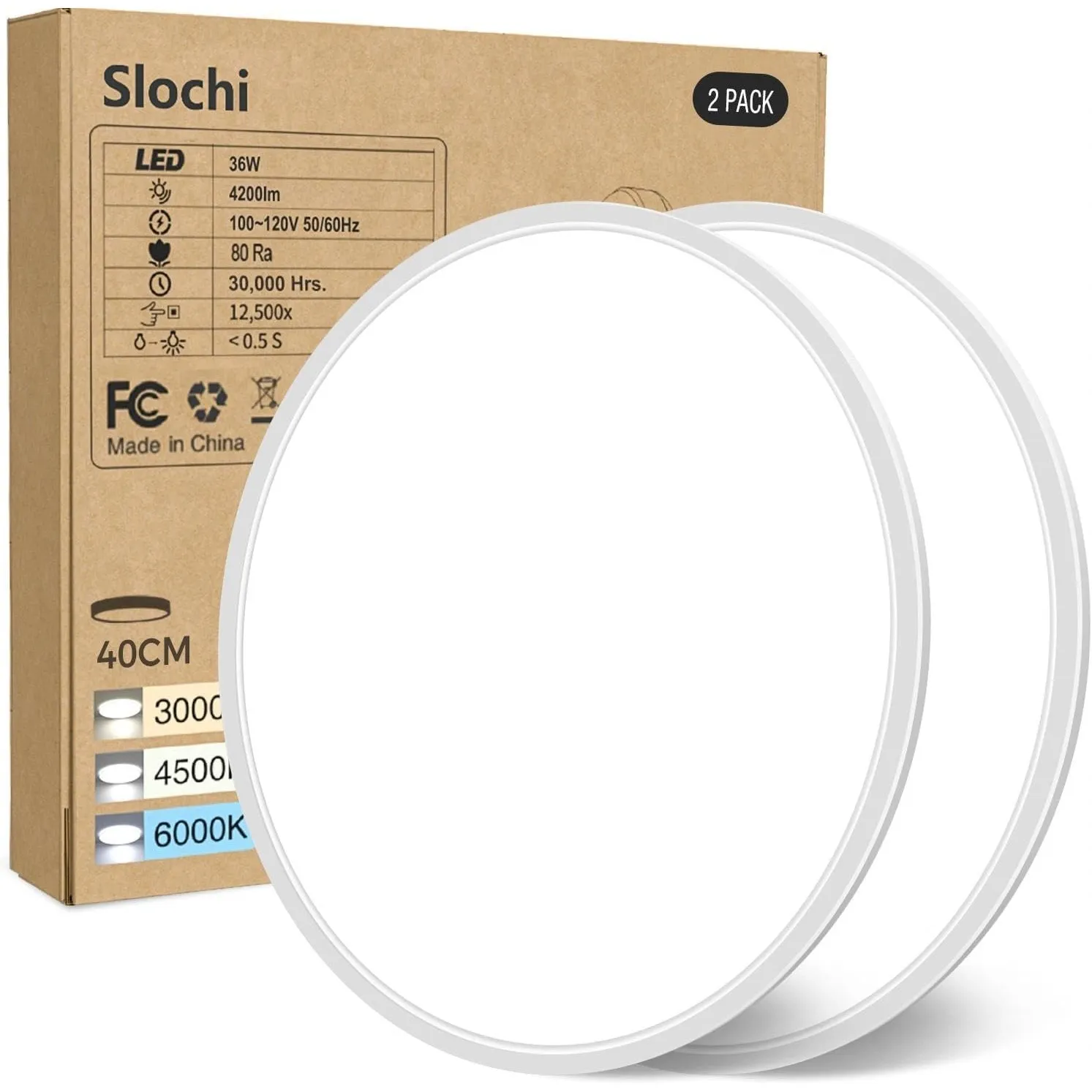 slochi Deckenlampe LED Deckenleuchte Flach, Ø40CM 3Farben 36W 4200LM Weiß