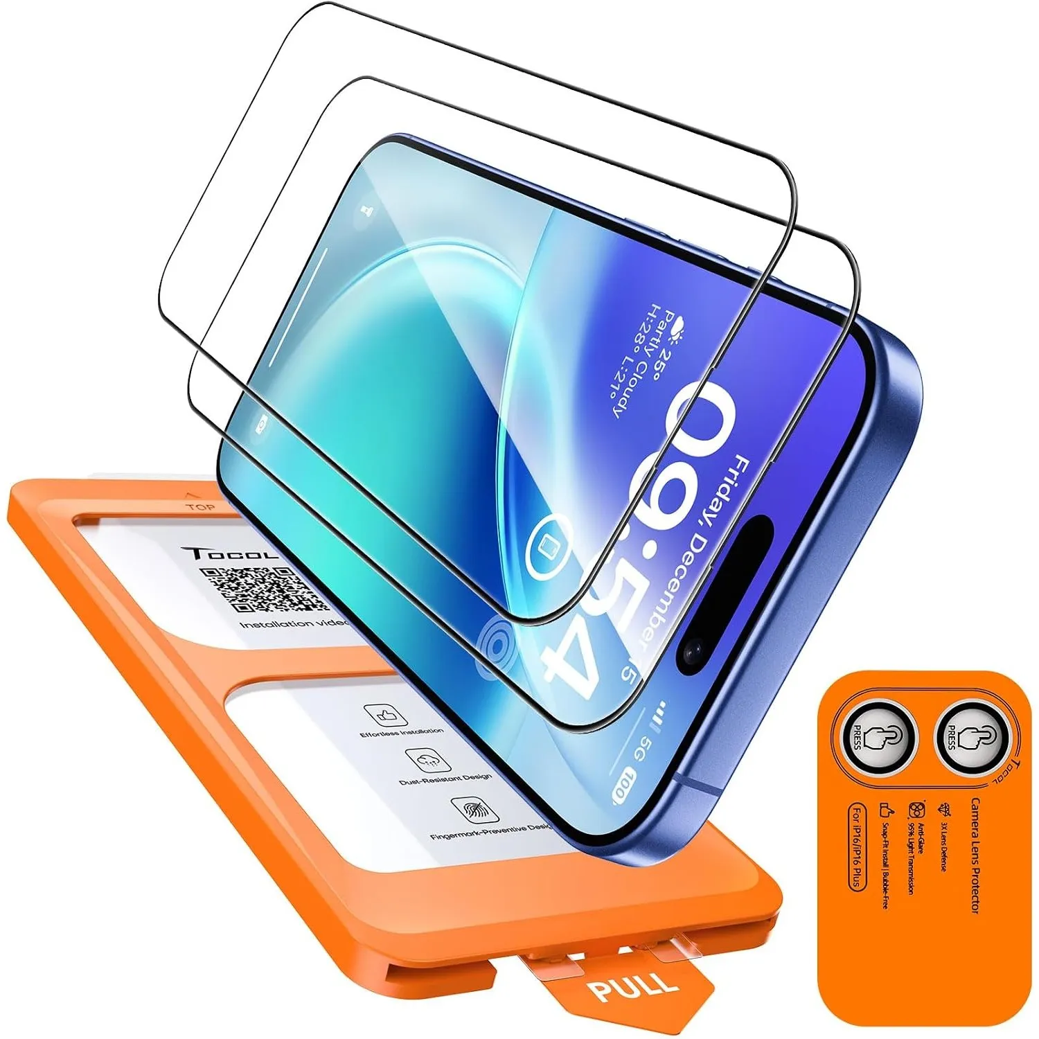 TOCOL für iPhone 16 für Panzerglas mit Klar Kameraschutz, 2 Sets | Einfache Montage, Ultra HD Individualschutz, Blasens…