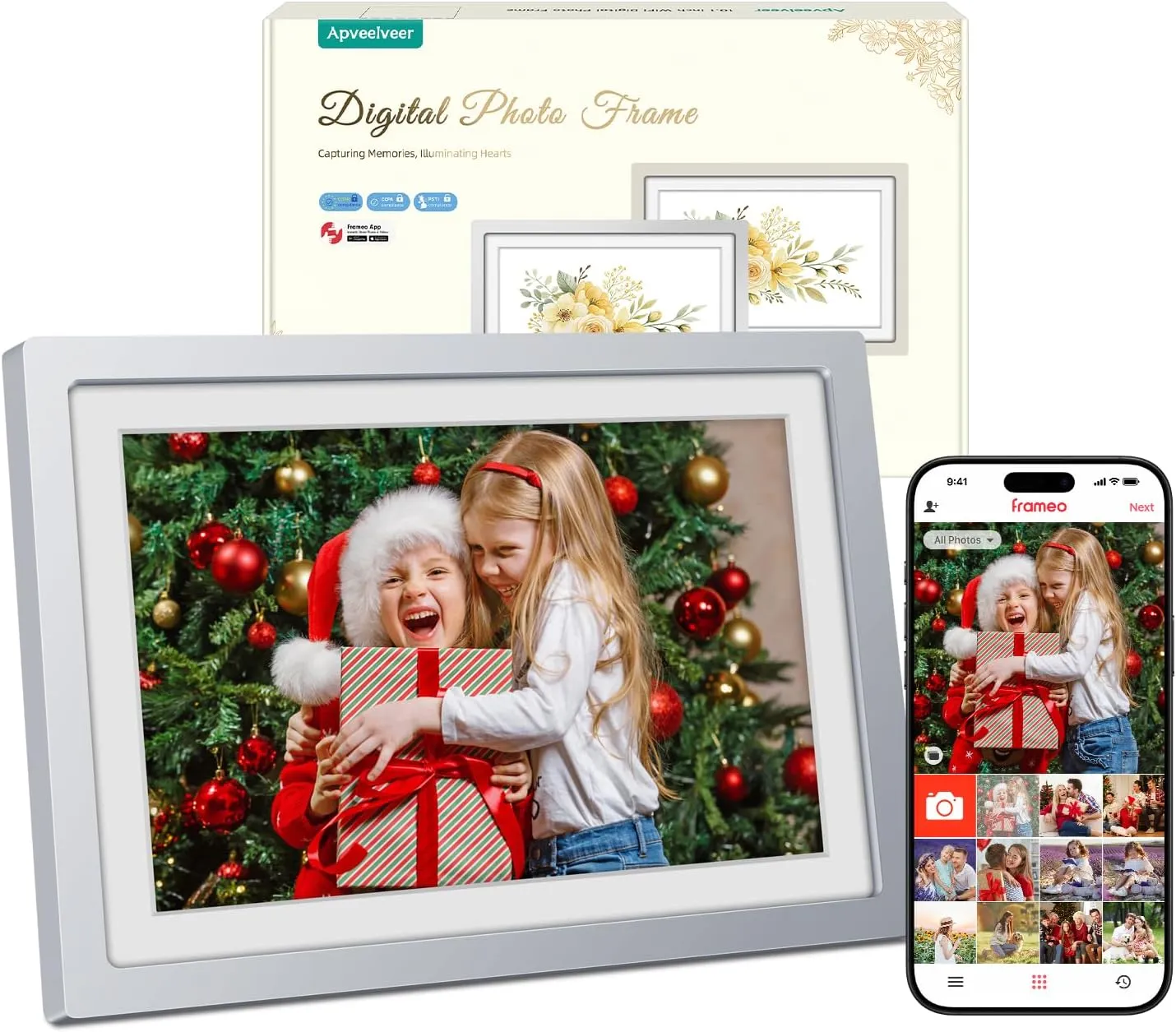 Frameo Digitaler Bilderrahmen Silber WLAN 10.1 Zoll Elektronischer Bilderrahmen, 32GB Speicher, 1280 * 800 HD IPS Touch…