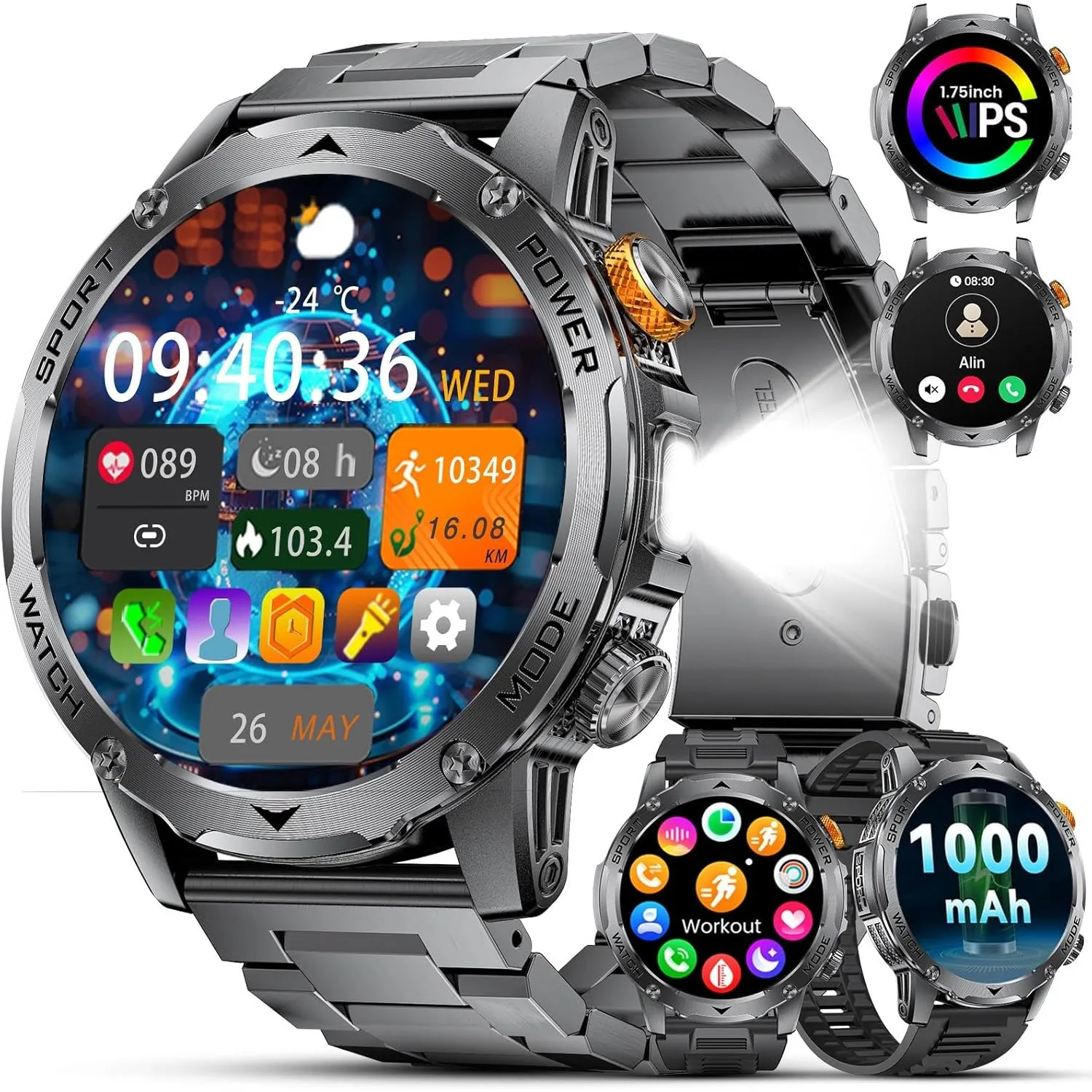 Smartwatch Herren Militär-1000mAh Akku/1.75'' HD Große Display,Smartwatch mit Taschenlampe/Bluetooth Anrufe/130+ Sportm…