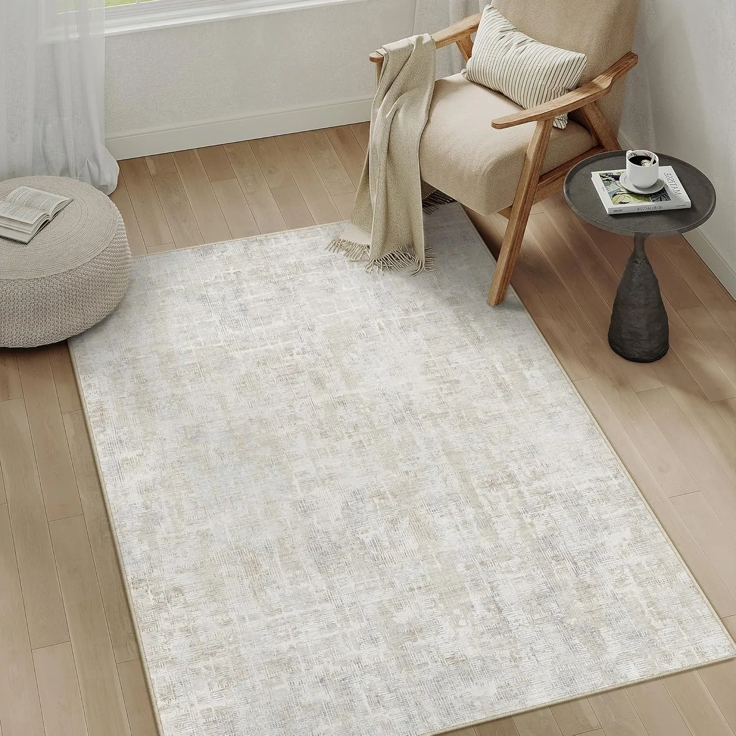 PureCozy Beige Grau Teppich Wohnzimmer 80x150 Schlafzimmer Teppiche Waschbarer rutschfest Boho Abstrakt Carpet Wohnzimm…