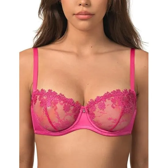 Wingslove Damen BH Mit Bügel - Floraler Spitze, Weiche Sexy Durchsichtiger Balconette Lace Bra Ohne Gepolster