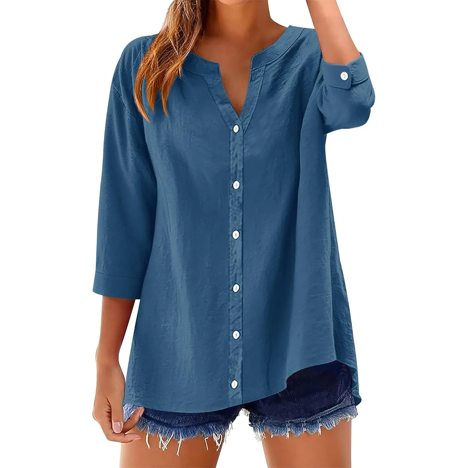 Rapbin Damen Bluse 3/4 Ärmel Baumwolle Leinenbluse V-Ausschnitt Knopfleiste | Leinen Bluse Damen Tunika Hemd Casual Loc…