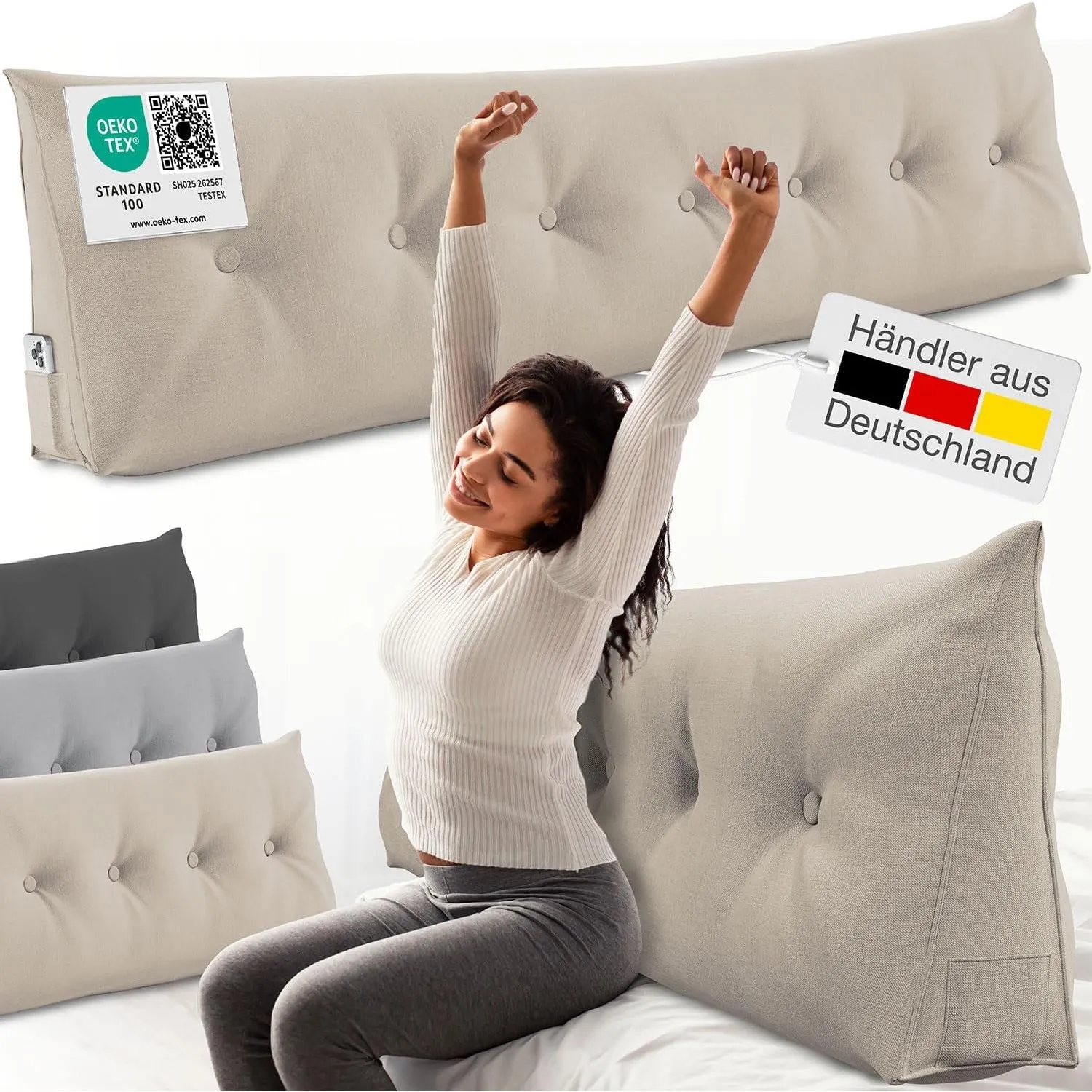 ELONEO Rückenkissen 200 cm breit, Keilkissen für Bett und Sofa geeignet, dreieckiges Lesekissen, Kissen mit abnehmbarem…