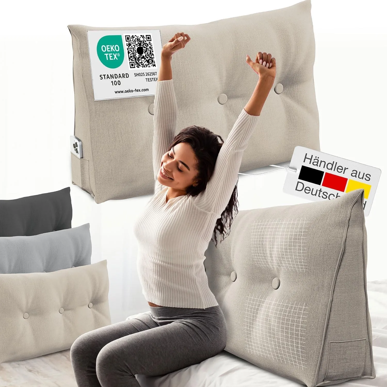 ELONEO Rückenkissen 100 cm breit, Keilkissen für Bett und Sofa geeignet, dreieckiges Lesekissen, Kissen mit abnehmbarem…