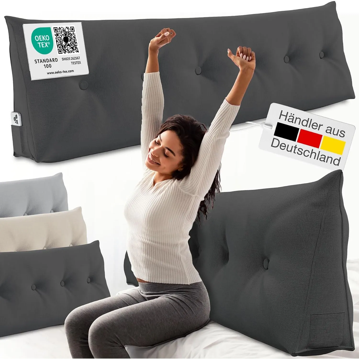 ELONEO Rückenkissen 160 cm breit, Keilkissen für Bett und Sofa geeignet, dreieckiges Lesekissen, Kissen mit abnehmbarem…