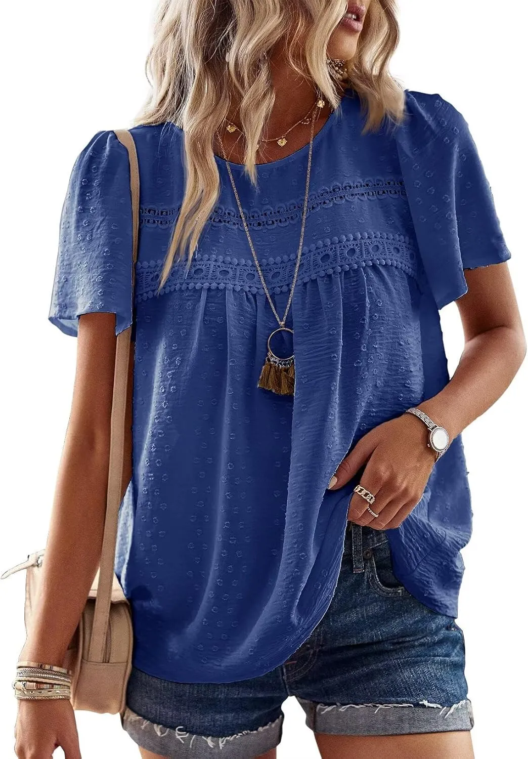Top Women's Summer Boho Blouse Short Sleeve Tops Flowing Elegant Crew Neck T-Shirt Tunic Casual Outfits Lace Clothing