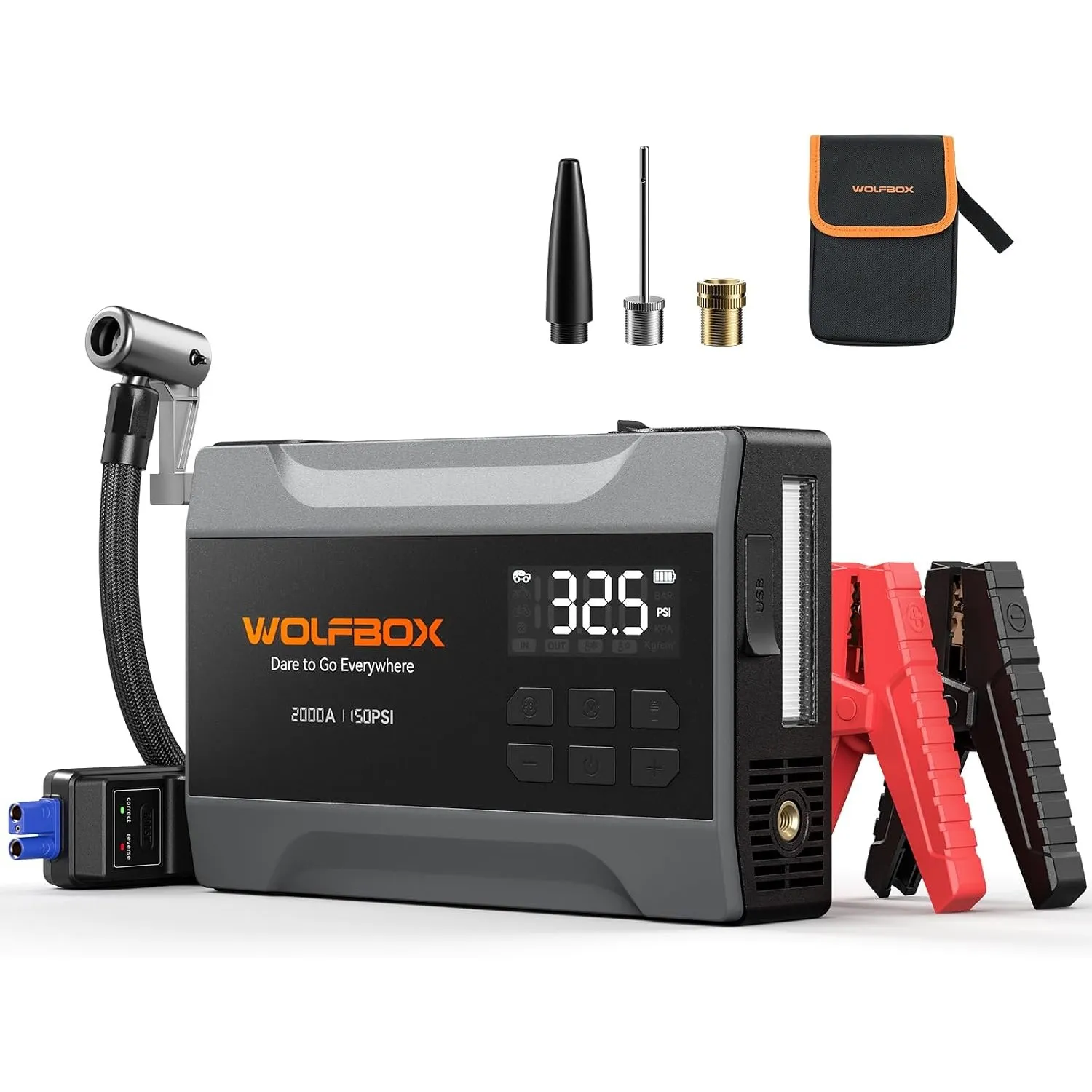 WOLFBOX 2000A Starthilfe mit 160PSI Kompressor bis zu 5L Benzin/3L Diesel