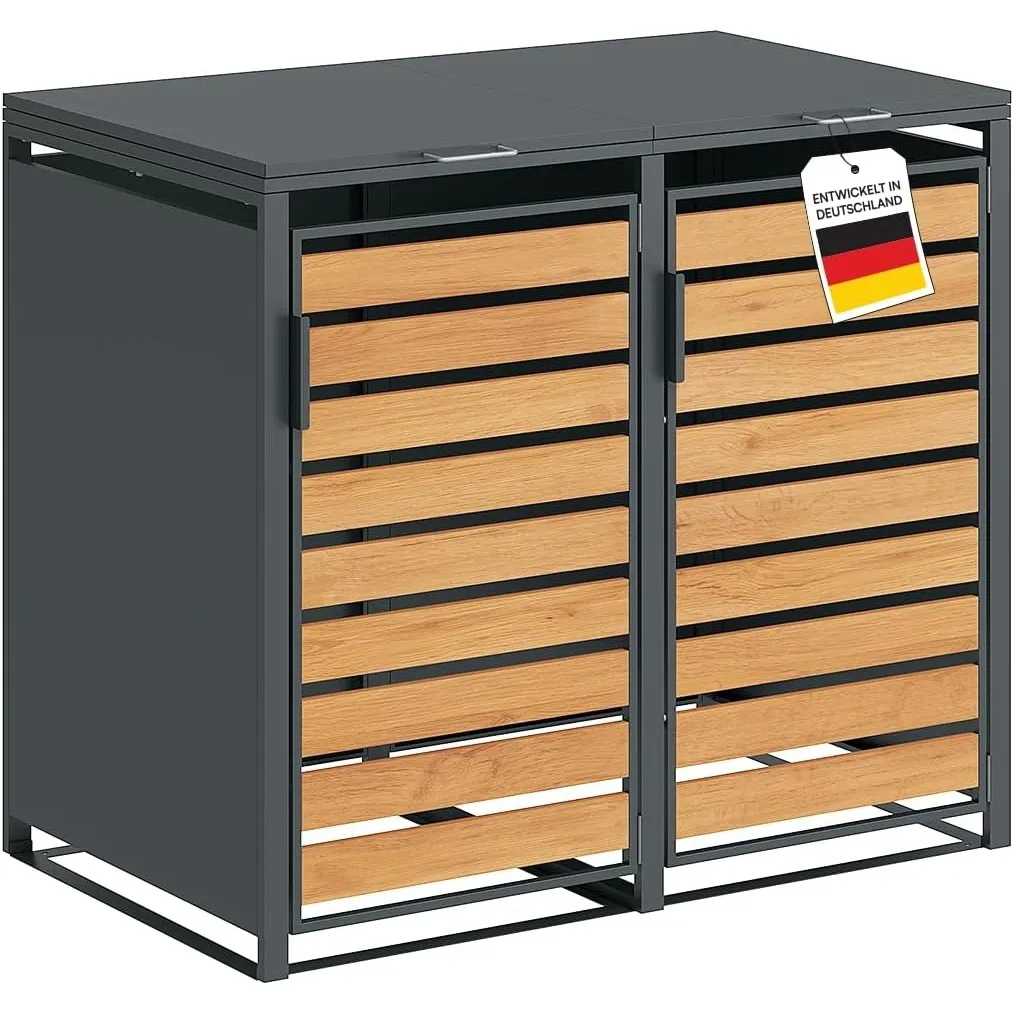 STEELSØN Kestra Mülltonnenbox 2er bis 120L, Anthrazit, Holzoptik, Stahl | Mülltonnenverkleidung mit Sichtstreifen, hoch…