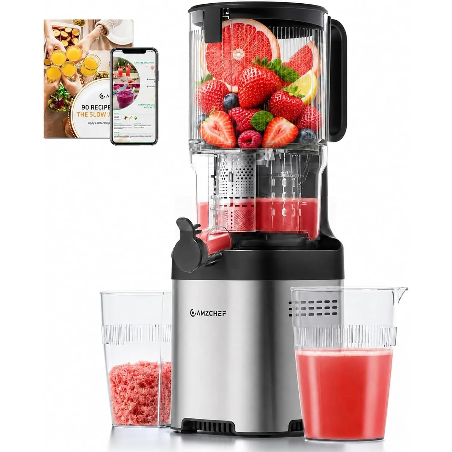 AMZCHEF Entsafter - Slow Juicer mit 135 mm großem Einfüllschacht für ganzes Obst und Gemüse - Leicht zu Reinigen mit 2 …
