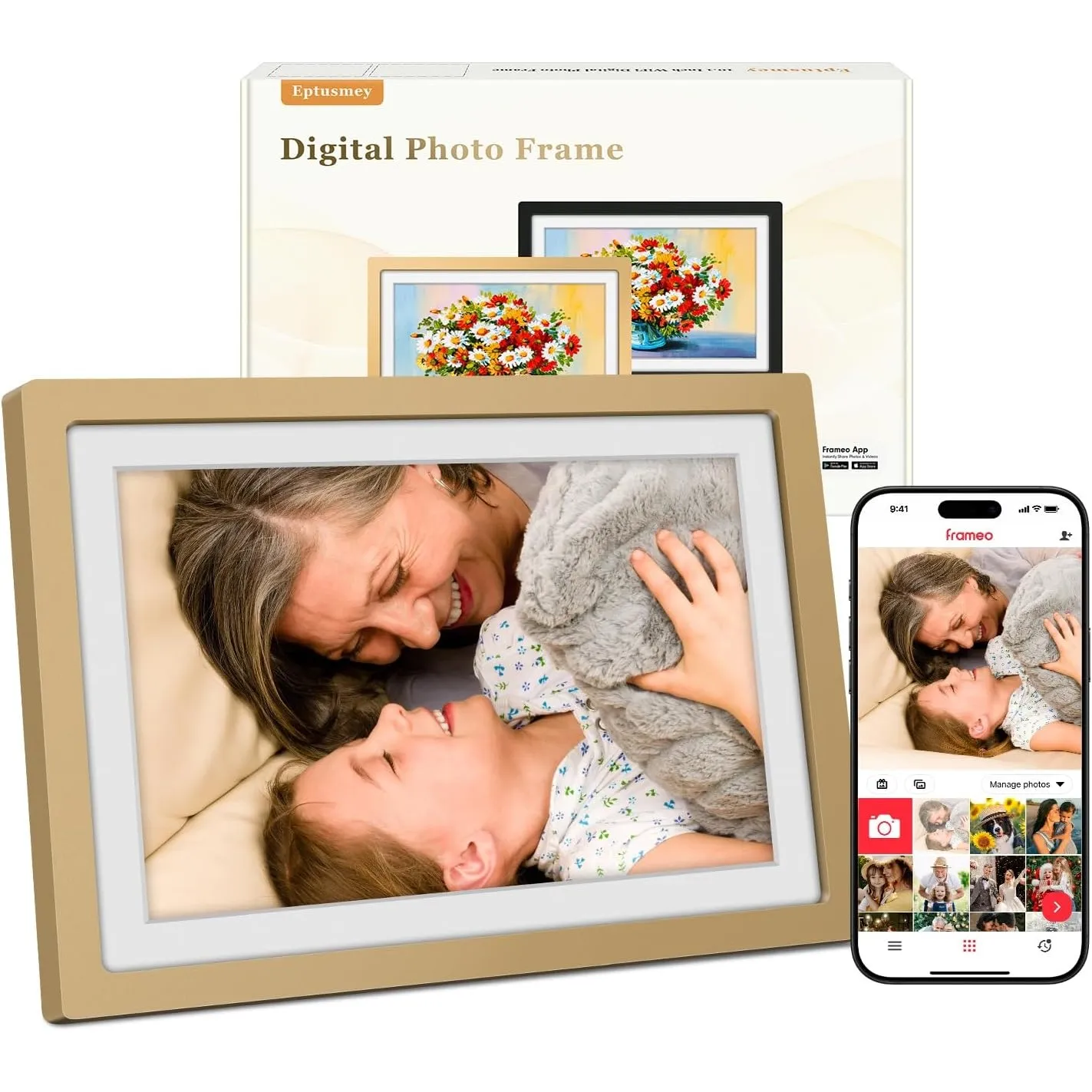 Frameo Digitaler Bilderrahmen WLAN 10.1 Zoll Sunset Gold Elektronischer Bilderrahmen mit 32GB, 1280 * 800 HD IPS Touchs…