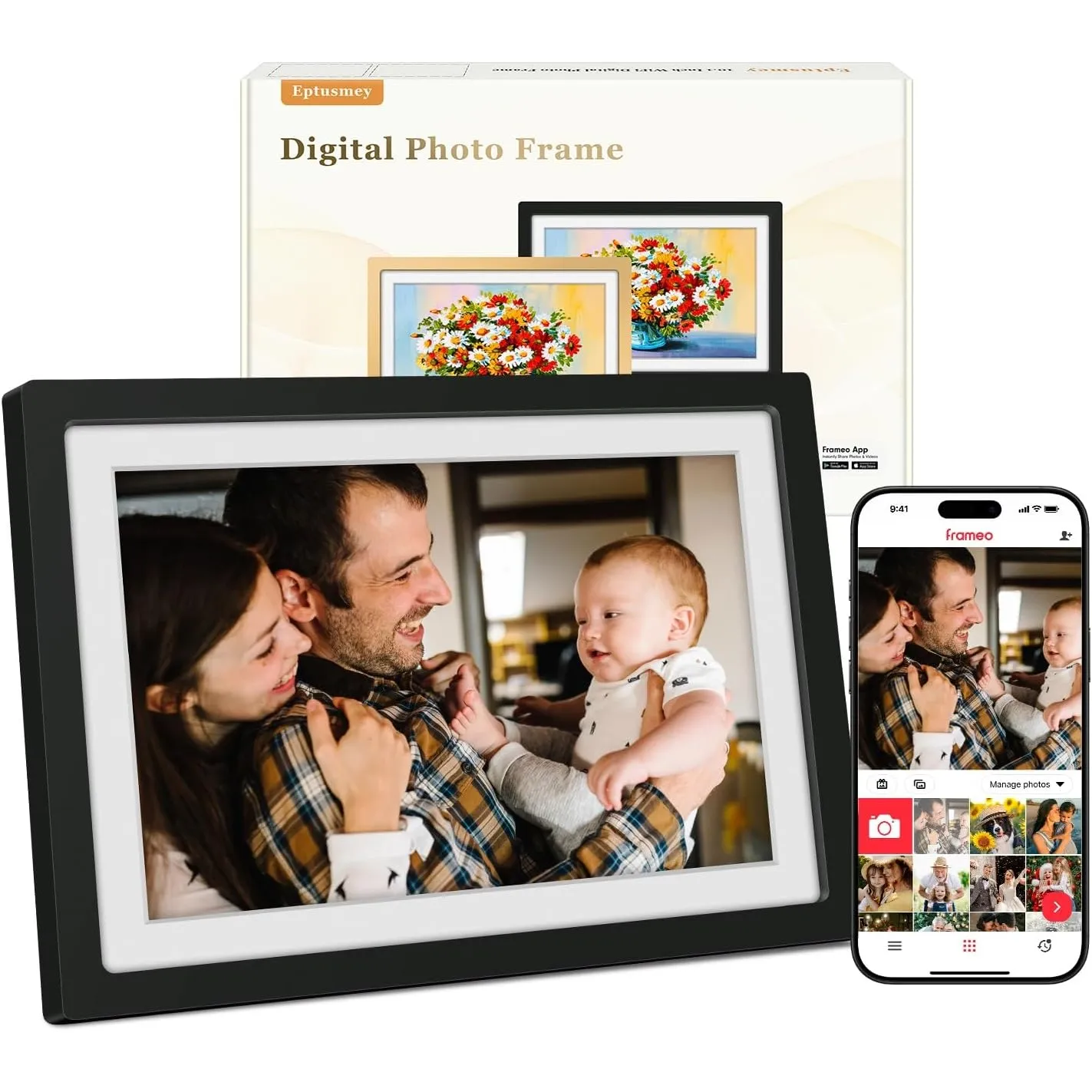 Frameo Digitaler Bilderrahmen WLAN 10.1 Zoll Matt Schwarz Elektronischer Bilderrahmen mit 32GB, 1280 * 800 HD IPS Touch…