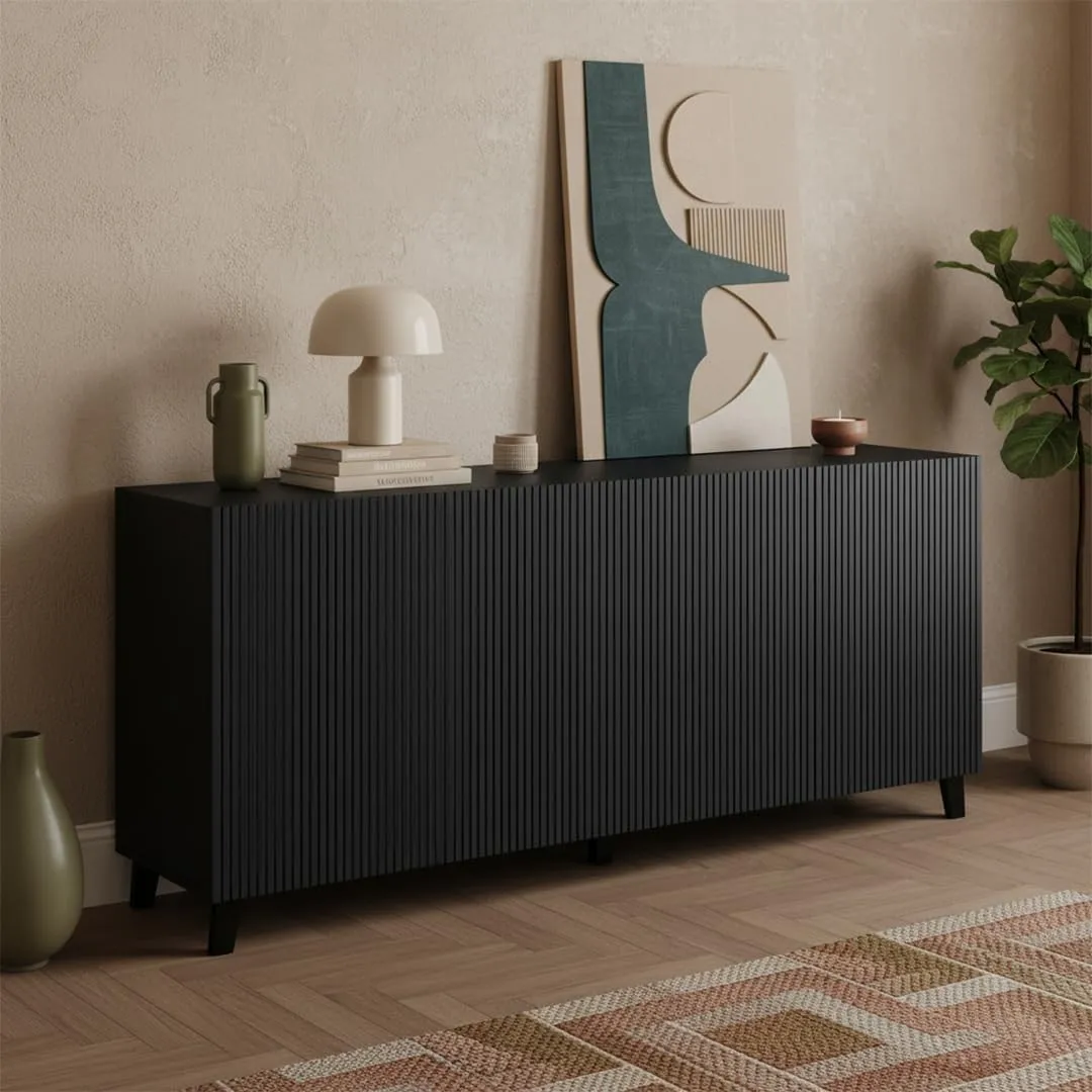 Bellamio Tana Kommode Sideboard 185 cm, Schwarz, 8 Fächer, Holz, geriffelt
