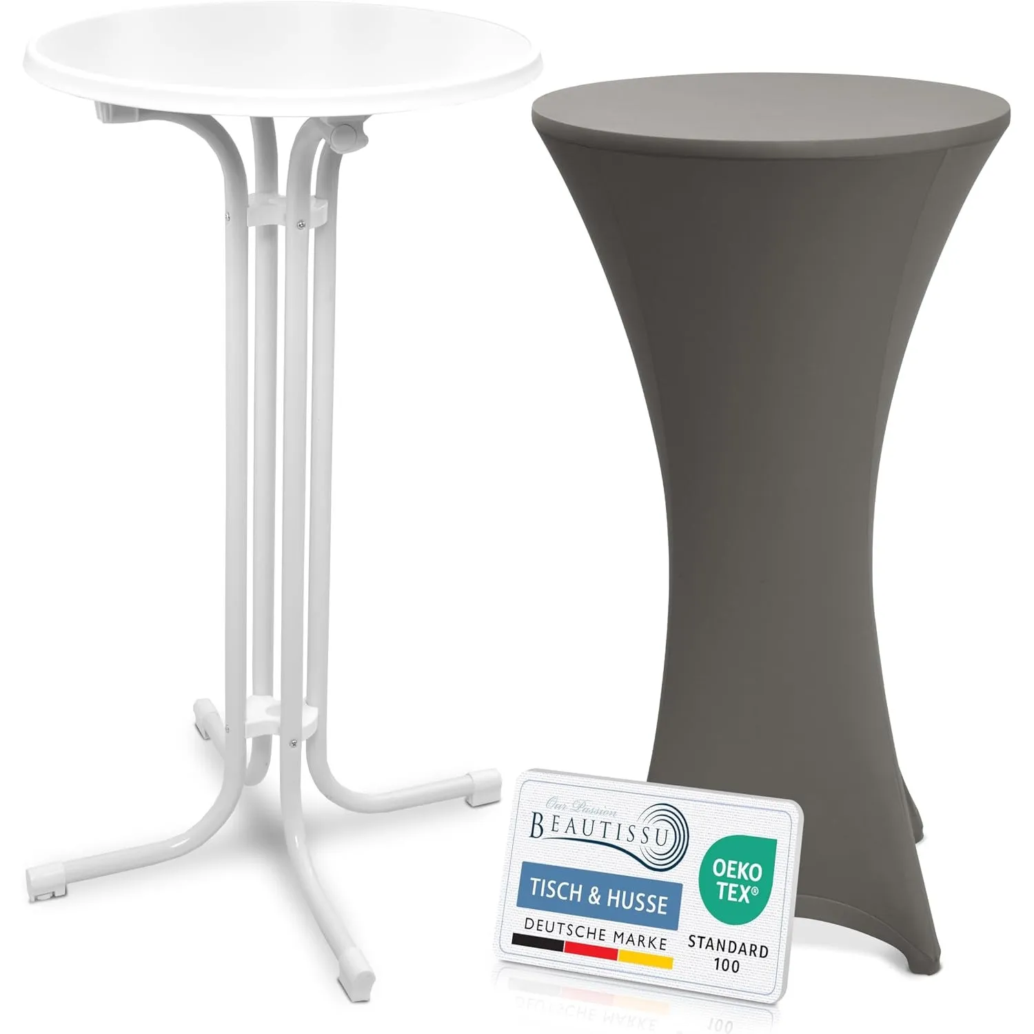 Beautissu Weißer Stehtisch klappbar 60cm mit Stretch Stehtischhusse
