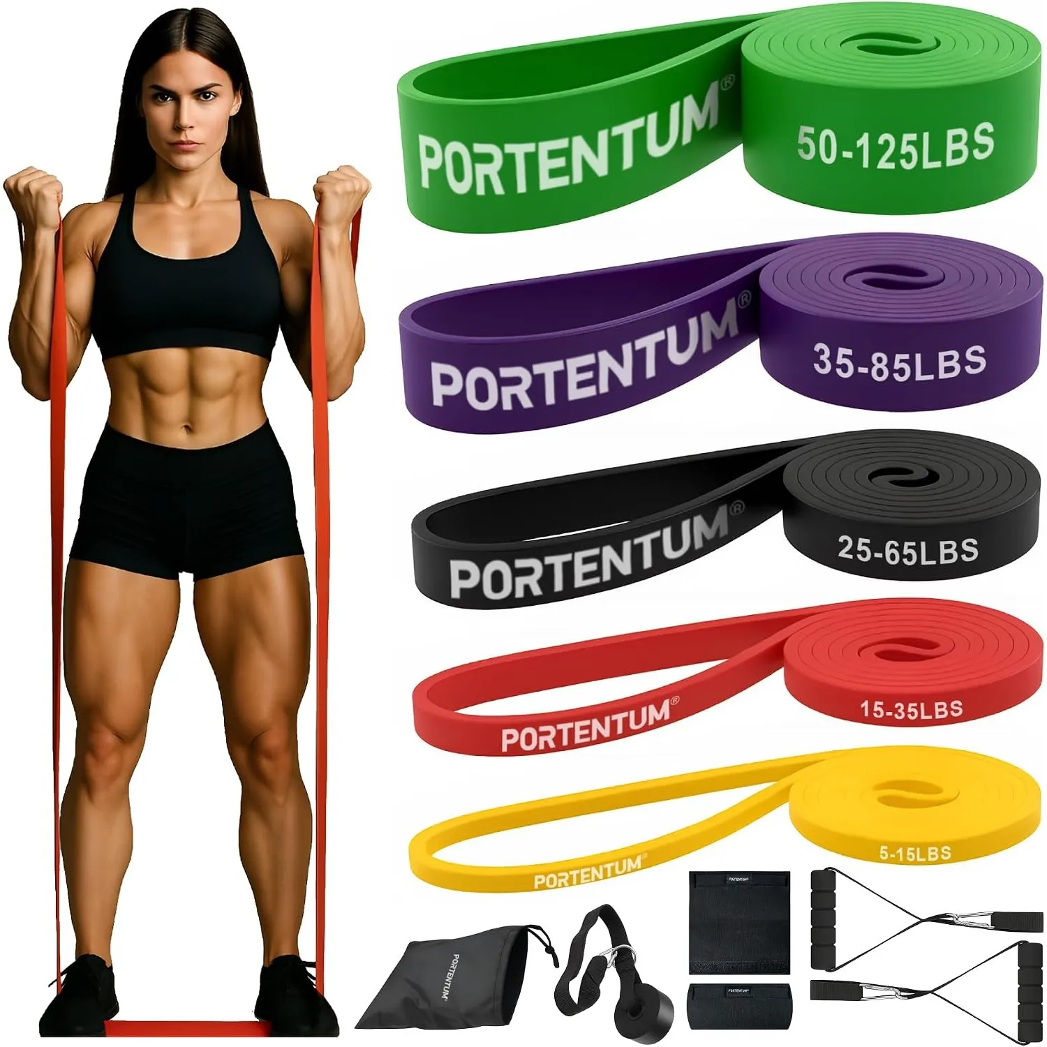 PORTENTUM Fitnessbänder Widerstandsbänder Set – Resistance Bands 4 oder 5 Stärken – Griffe, Türanker, Schutzhüllen und …
