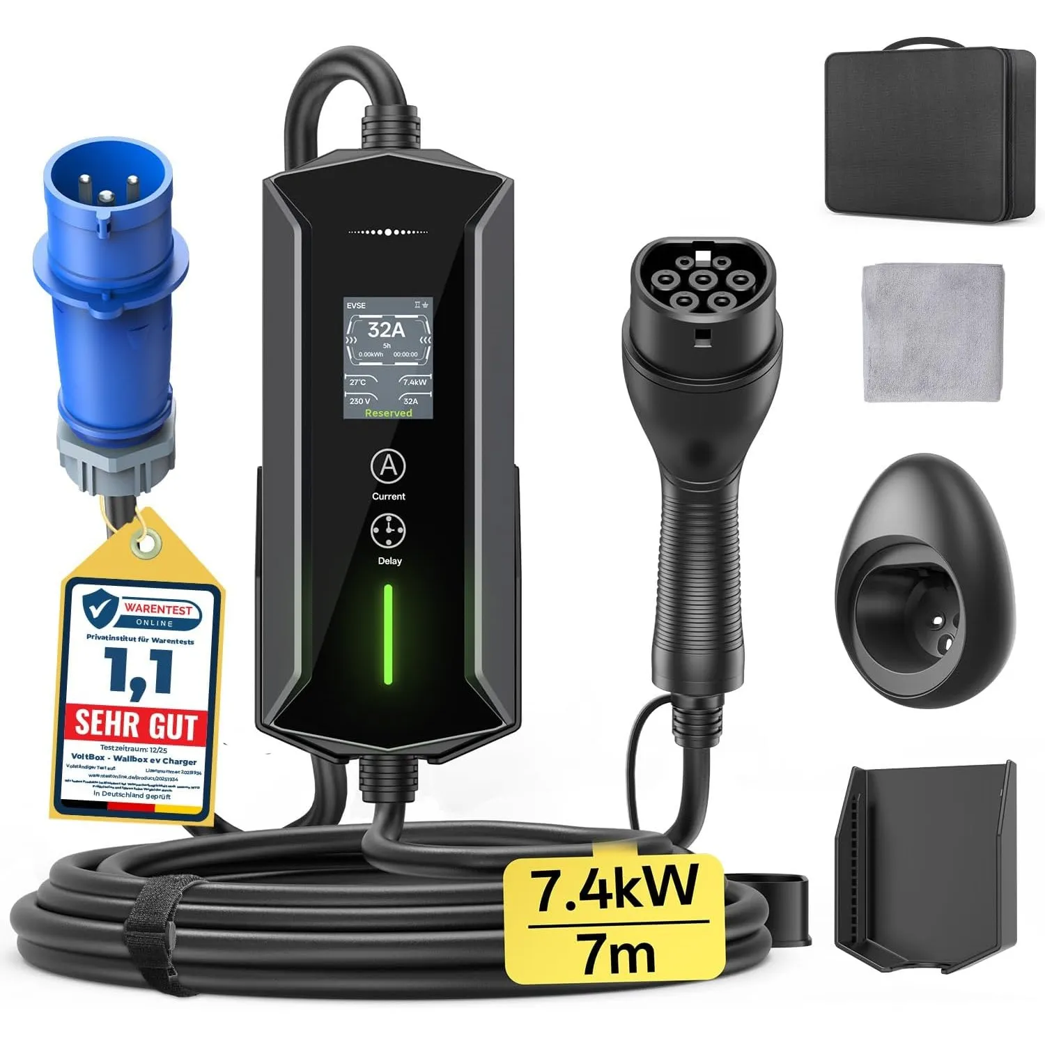 Mobile Wallbox 7,4kW 7M 6-32A, EV Charger CEE Stecker Typ 2 Ladekabel