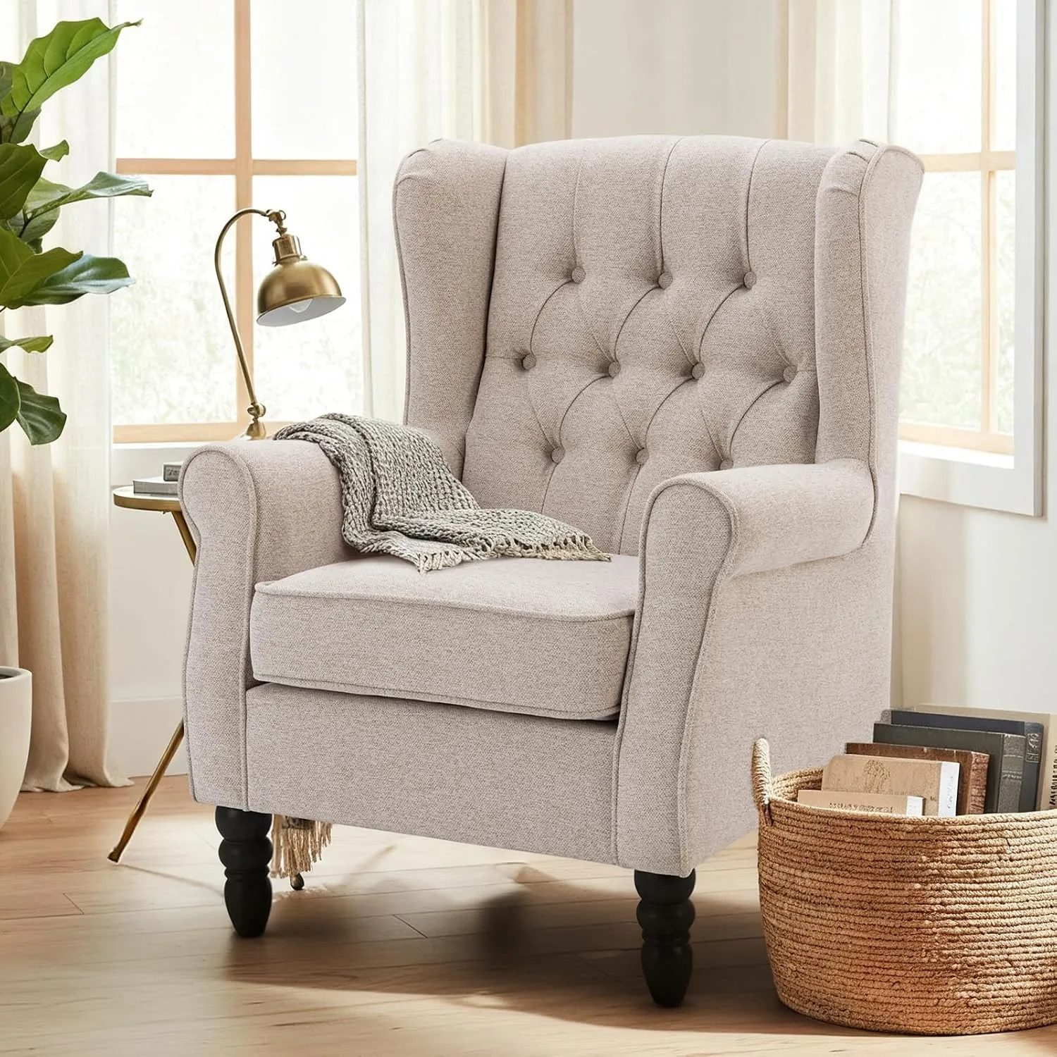 COLAMY Mid-Century Modern Sessel Wohnzimmer, Gepolsterter Wingback-Sessel mit Knopfsteppung, loungesessel Bezug aus Gew…