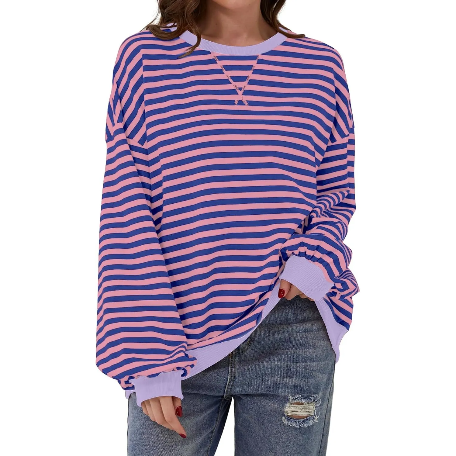 DUOEASE Pullover Damen Streifen Oversize Pullover Langarm Herbst Rundhals Sweatshirt Y2K Oberteile