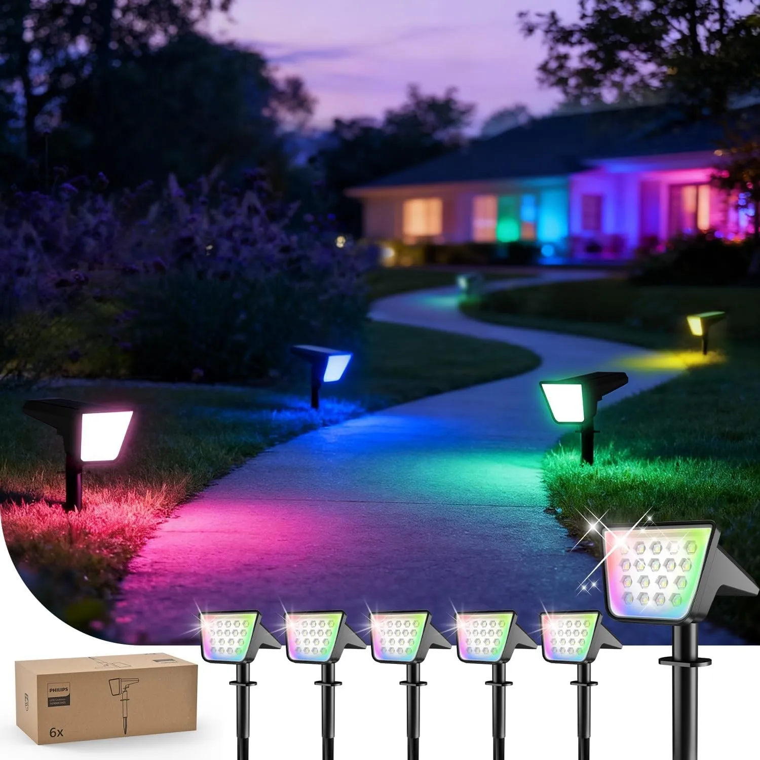 Philips 6 Stück Solarstrahler für Außen Garten, 18 LEDs RGBW Wasserdicht Gartenleuchten, 9 Beleuchtungsmodi Farbwechsen…