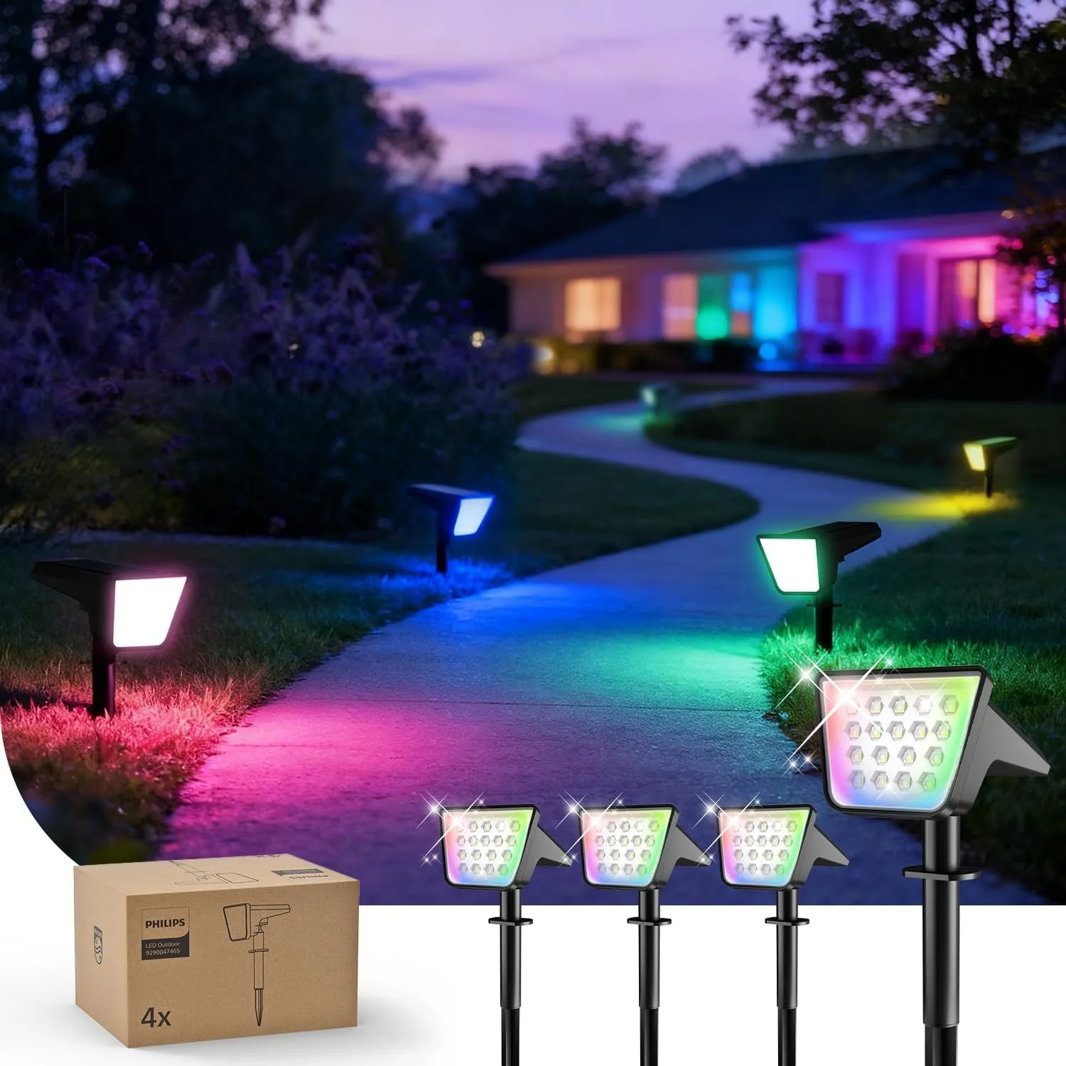 Philips 4 Stück Solarstrahler für Außen Garten, 18 LEDs RGBW Wasserdicht Gartenleuchten, 9 Beleuchtungsmodi Farbwechsen…