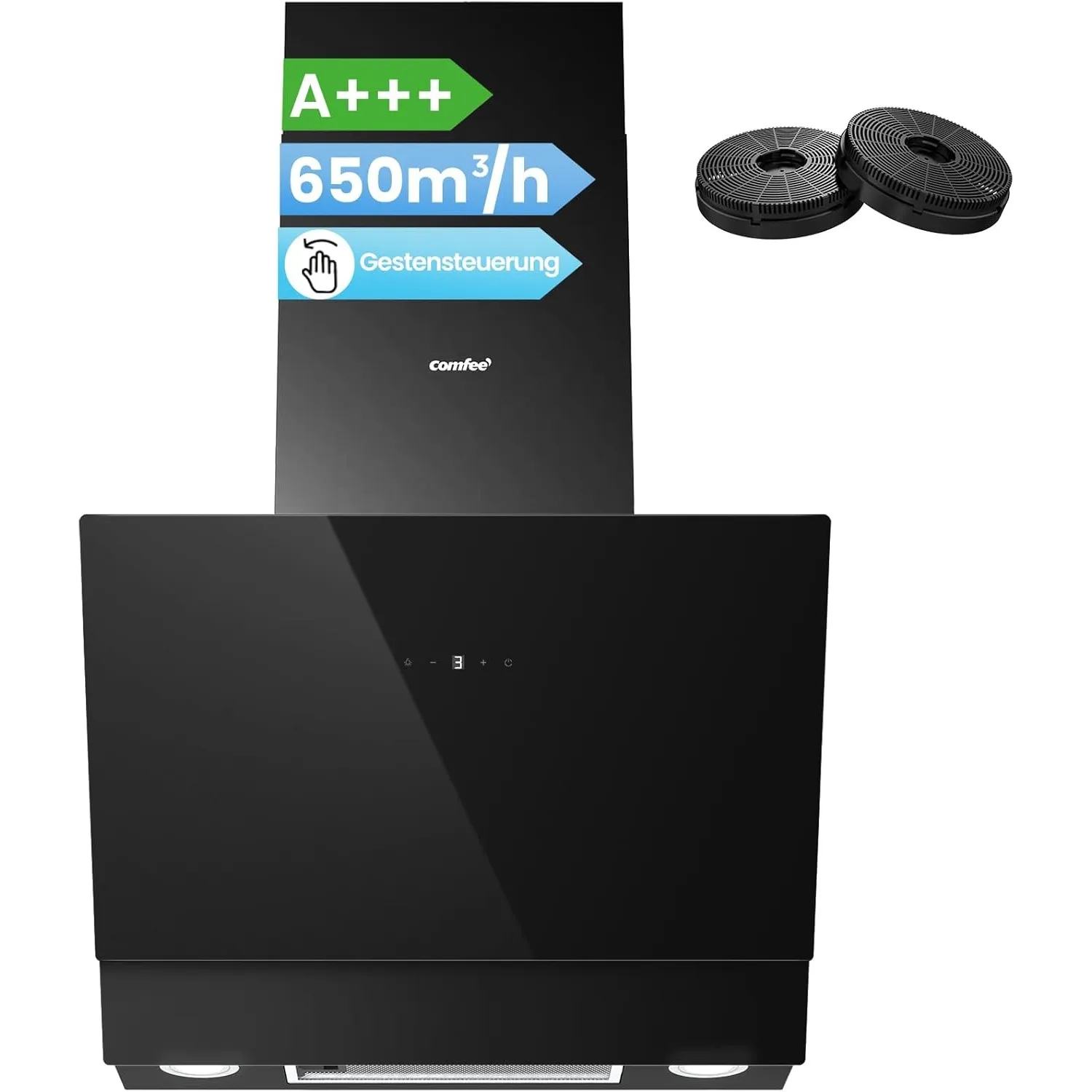 COMFEE' CH60J72ET6A3B A+++ Dunstabzugshaube 60 cm, 650m³/h Luftstrom, Kopffreihaube 60cm Umluft und Abluft, Touchscreen…