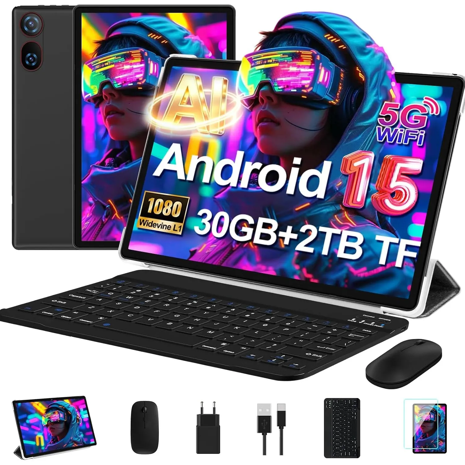DMOAO Tablet 10 Zoll Android 15 mit Tastatur, Gemini AI, 30GB RAM + 64GB ROM (2TB Erweiterung), 5G WLAN, Widevine L1, O…