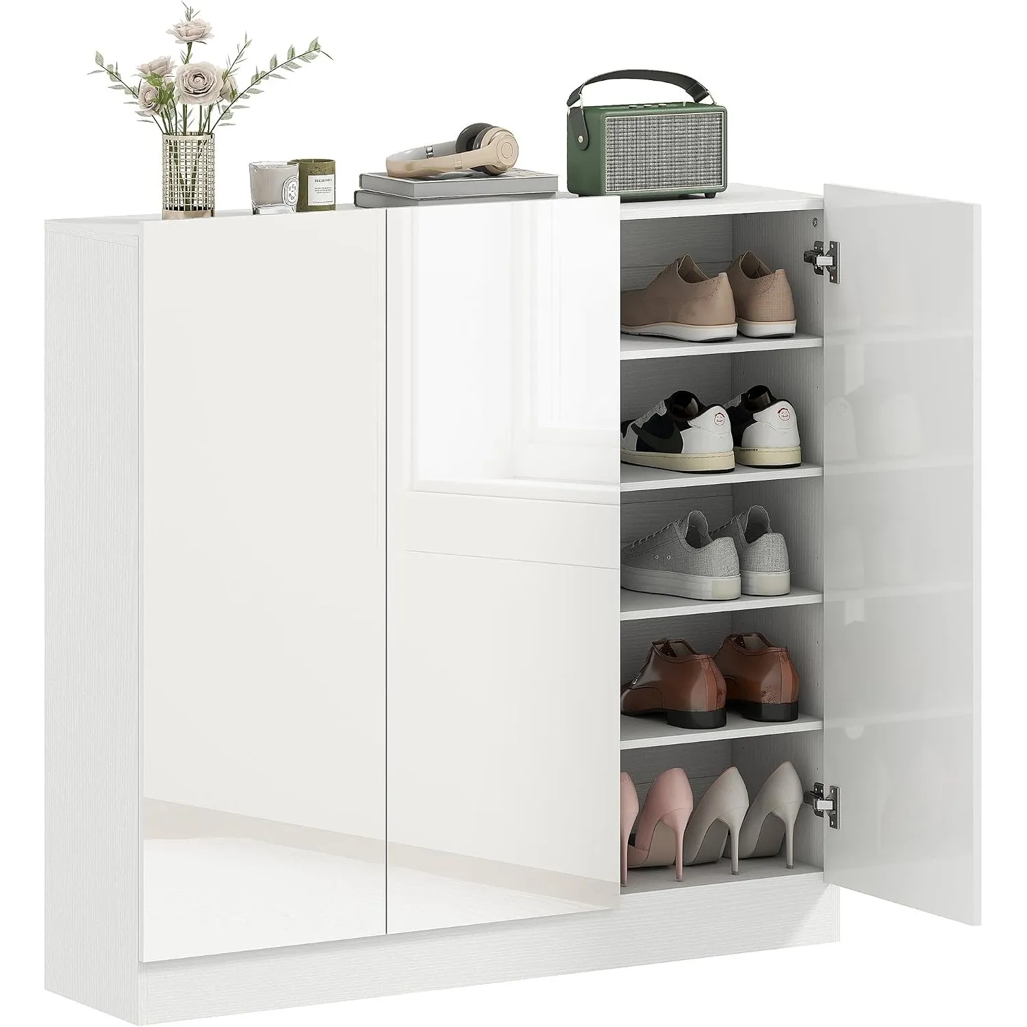 HOMCOM Schuhschrank Verstellbare Ablagen Hochglanztüren 106,4x34x108,5cm | Schuhregal, Belüftungslöchern, Schuhaufbewah…