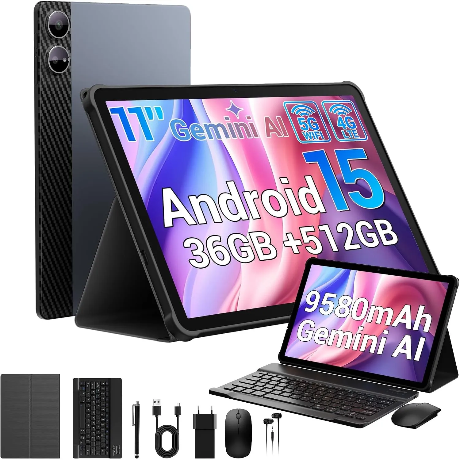 Tablet 11 Zoll Cellular, 36GB RAM+512GB ROM/1TB TF, 4G LTE Dual SIM+5G WLAN, Octa-Core Android 15 Tablet mit 9580mAh Ak…