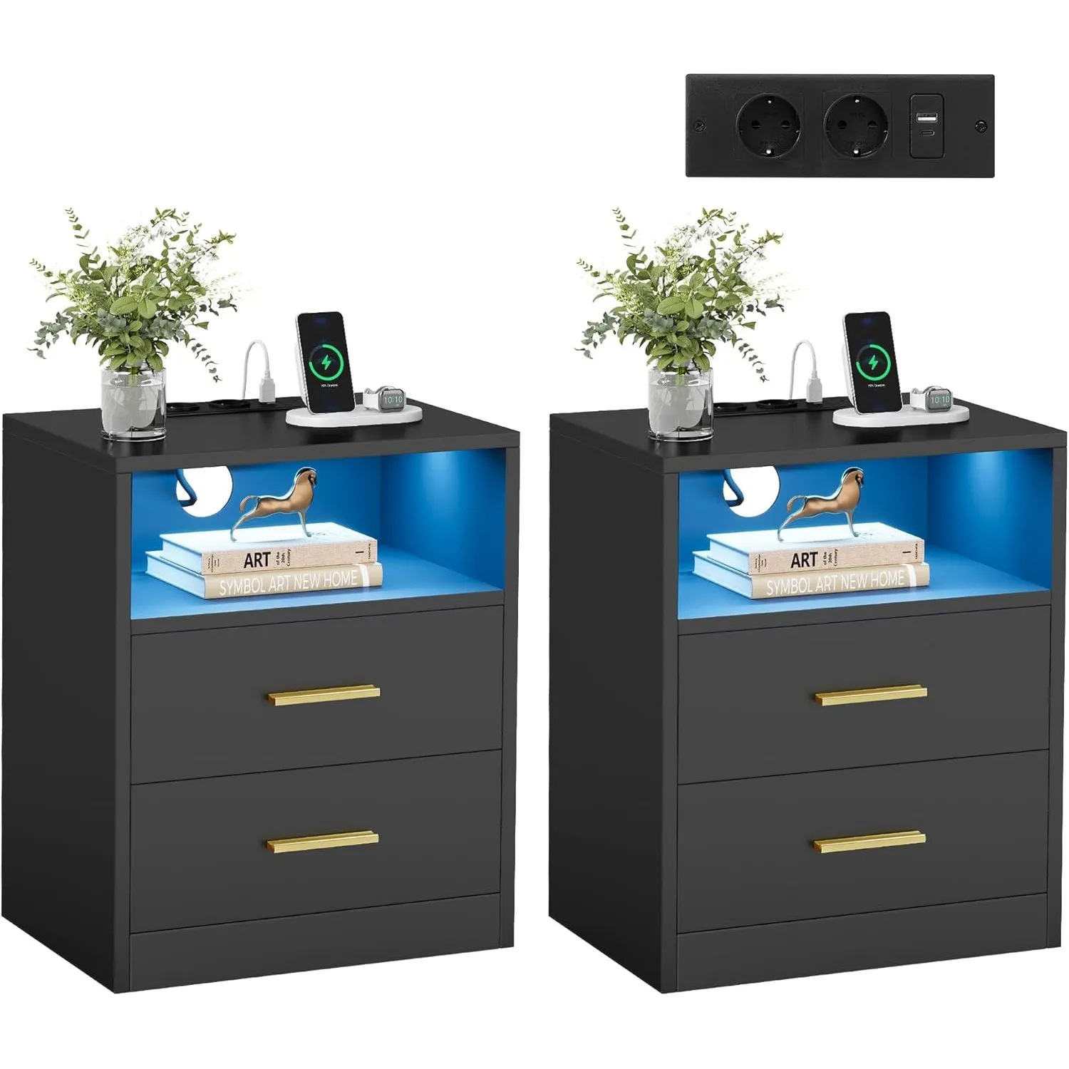 VASAGLE Nachttisch mit Ladestation, 2er Set, LED-Beleuchtung, Schubladen