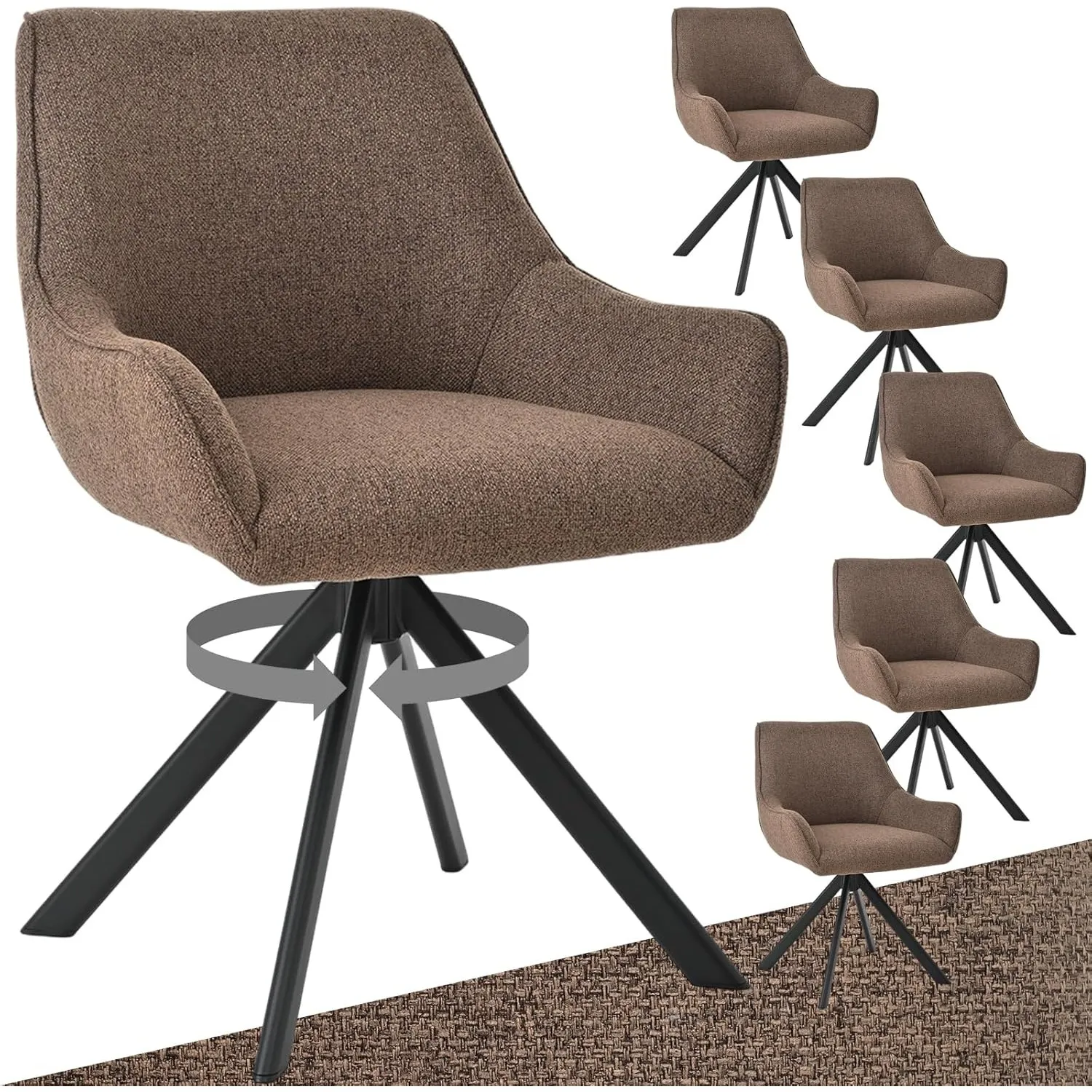 Esszimmerstühle Drehbar 6er Set mit Armlehne – 360°Drehbar Polsterstuhl Leinen Modern Drehstuhl Küchenstuhl mit Metallg…
