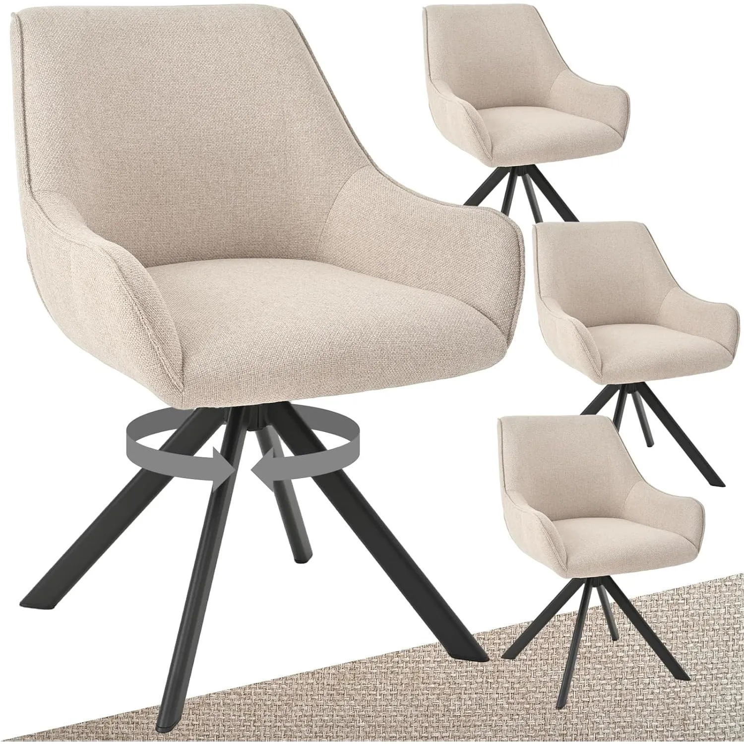 Esszimmerstühle Drehbar 4er Set mit Armlehne – 360°Drehbar Polsterstuhl Leinen Modern Drehstuhl Küchenstuhl mit Metallg…