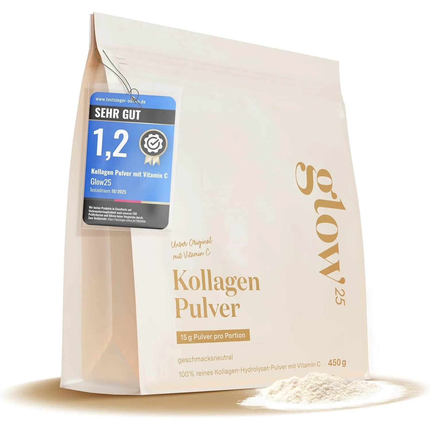 Glow25® Kollagen Pulver [450g] – Unser Original – Collagen Hydrolysat mit Vitamin C – Peptide Typ 1 und 3 – Gute Löslic…