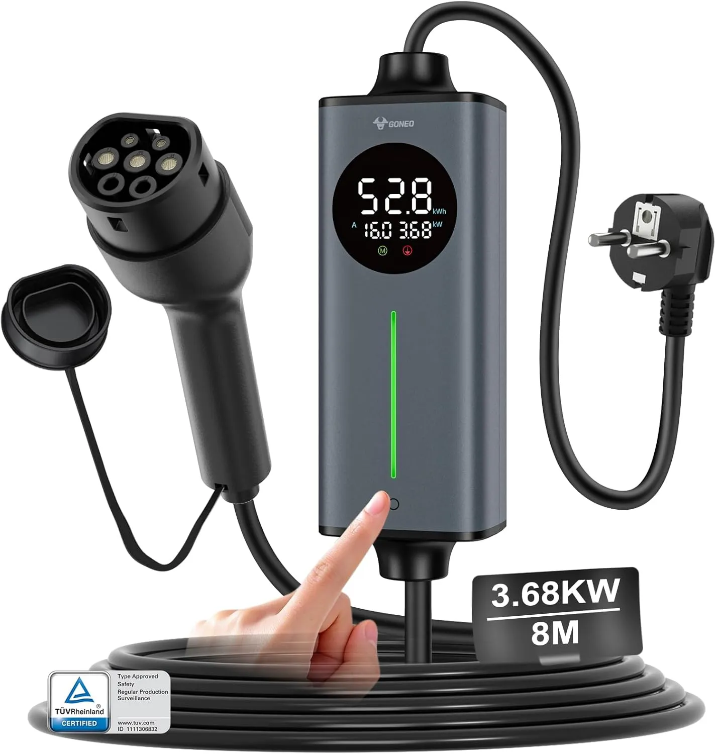 GONEO ladekabel elektroauto typ 2 schuko 8m 16A 3,68KW Mobile Ladestation/EV-Ladegerät | FI-Schutzfunktion AC+DC | Auto…