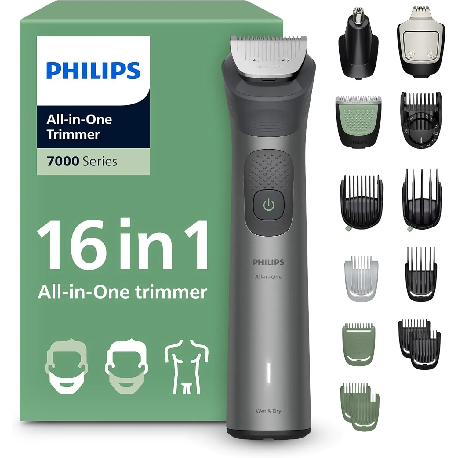 PHILIPS Multigroom Series 7000 All-in-One 16-teiliger Barttrimmer und Haarschneider für Gesicht, Kopf und Körper, selbs…